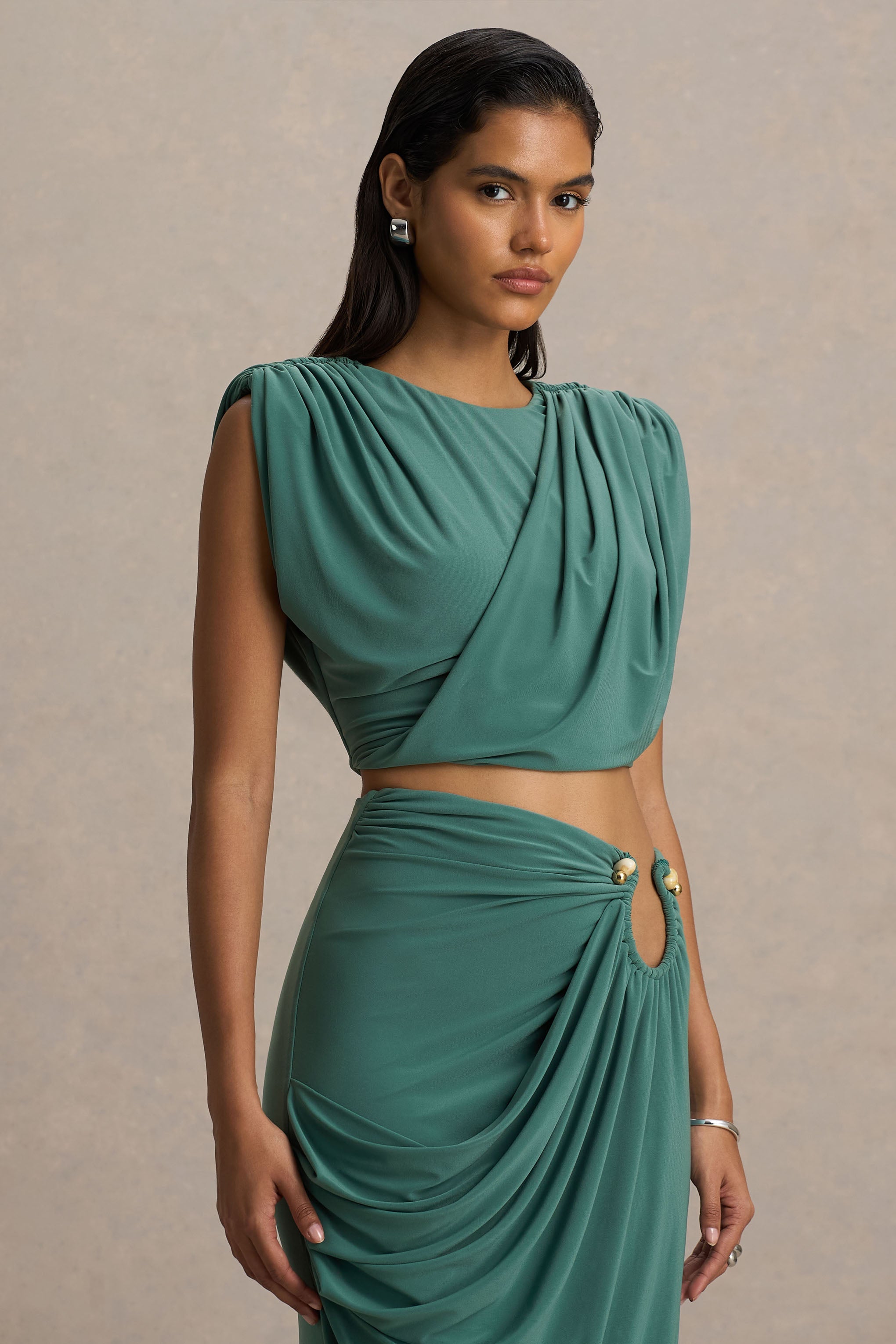 Tilda | Green Crew-Neck Crop-Top With Ruched Detailing