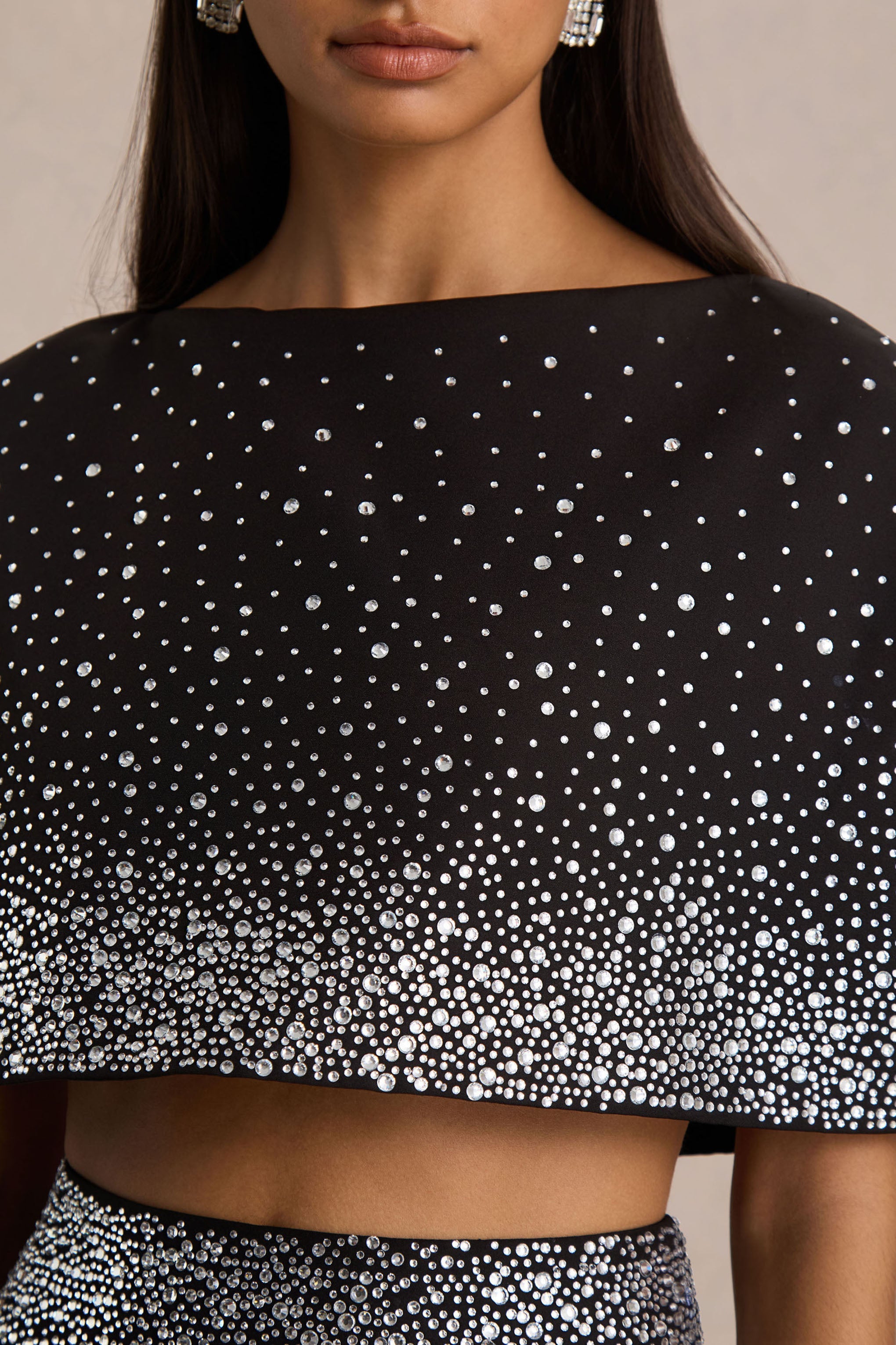 Luxy | Black Embellished Boat-Neck Crop-Top With Cape-Sleeves