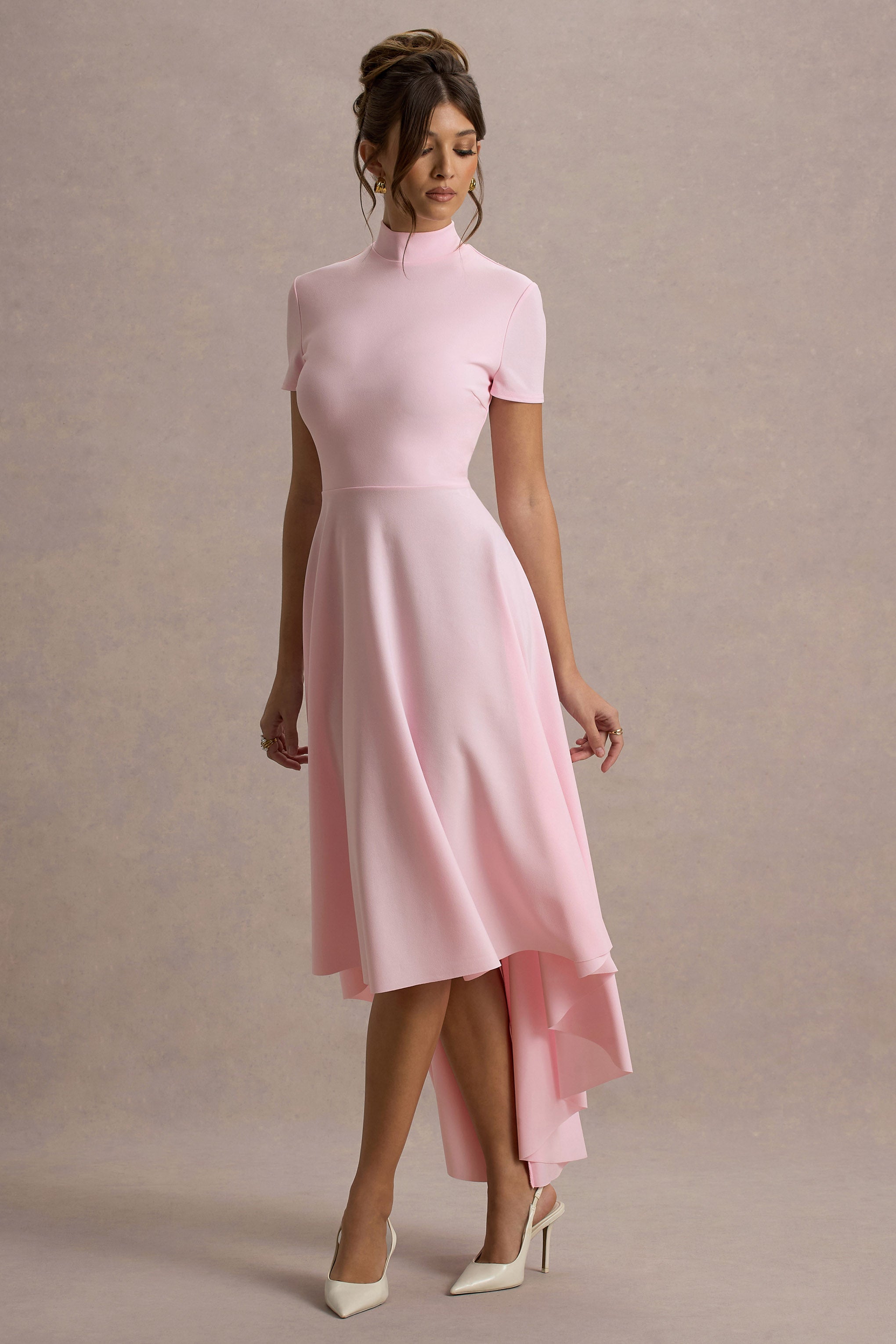 Bellona | Pink High-Neck High-Low Midi Dress