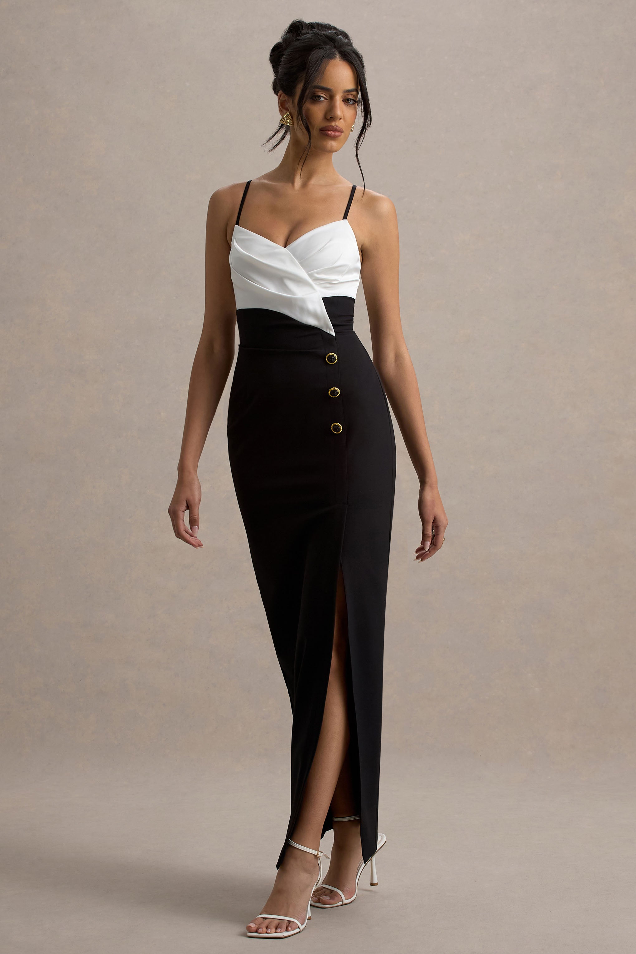 Rosalind | Black & White Strappy Tailored Maxi Dress With Split