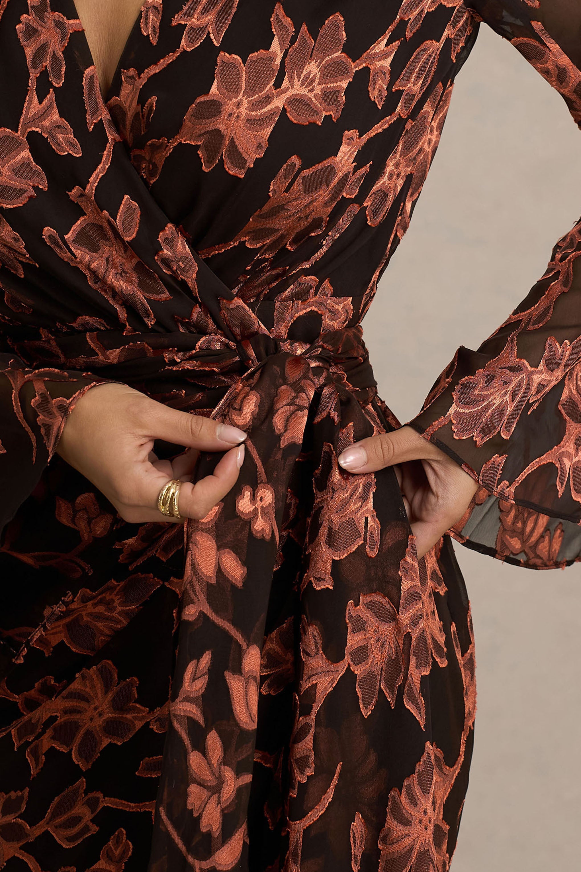 Lindsey | Black And Rust Plunge-Neck Wrap Mini Dress With Bell Sleeves And Sash Detail