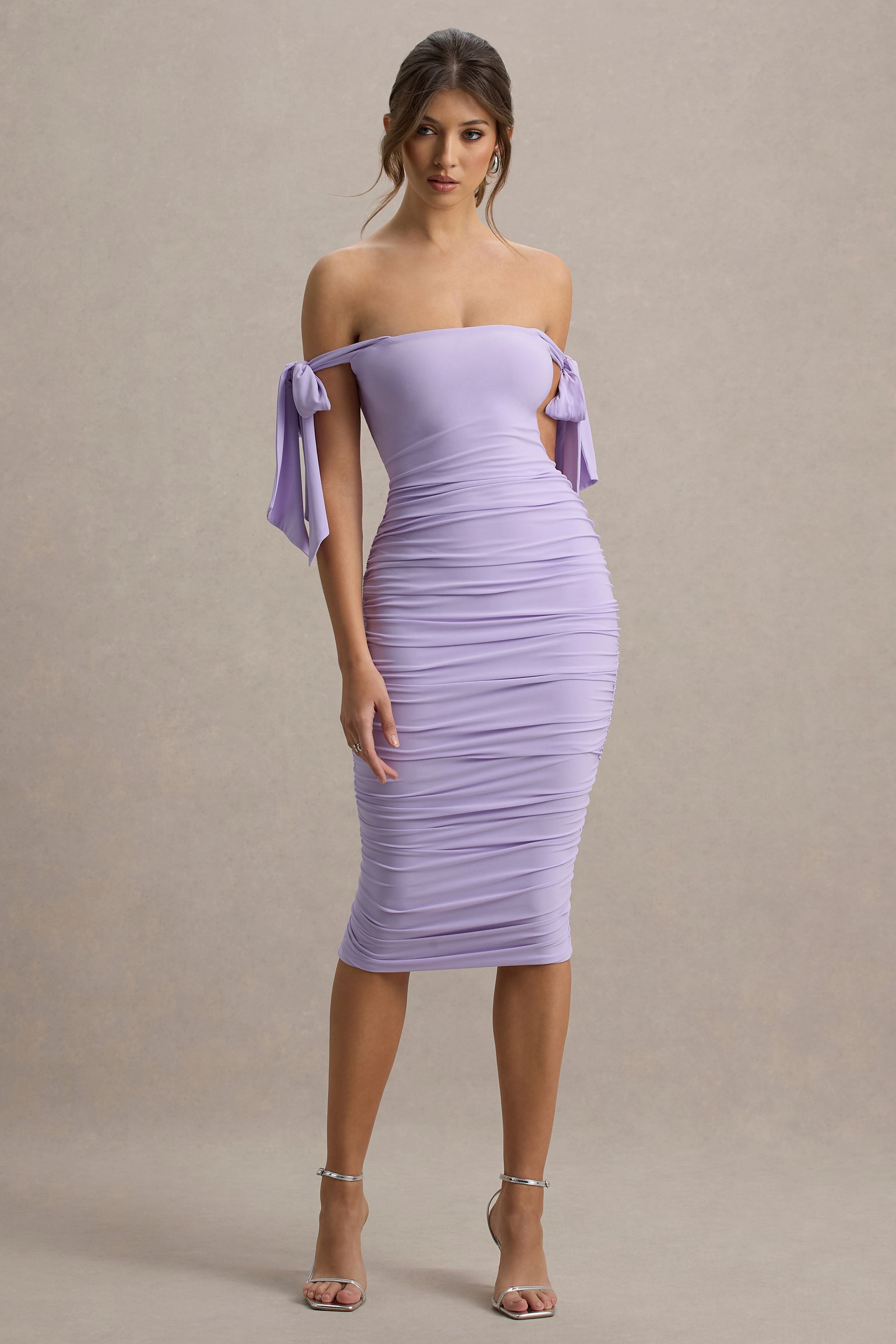 Citrus | Lilac Bardot Bodycon Midi Dress With Bow Sleeves