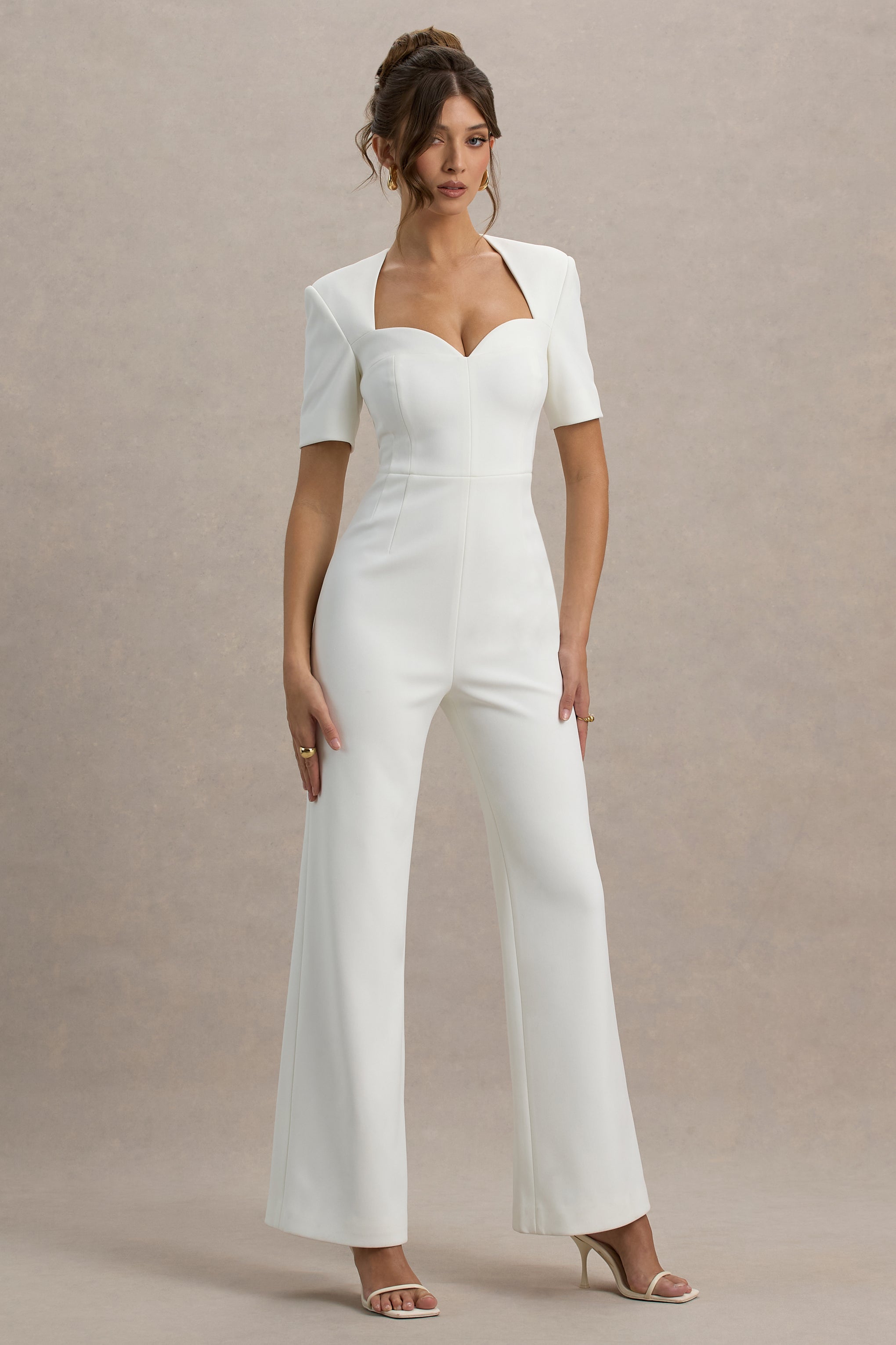 Simone | White Sweetheart Short-Sleeve Wide-Leg Jumpsuit