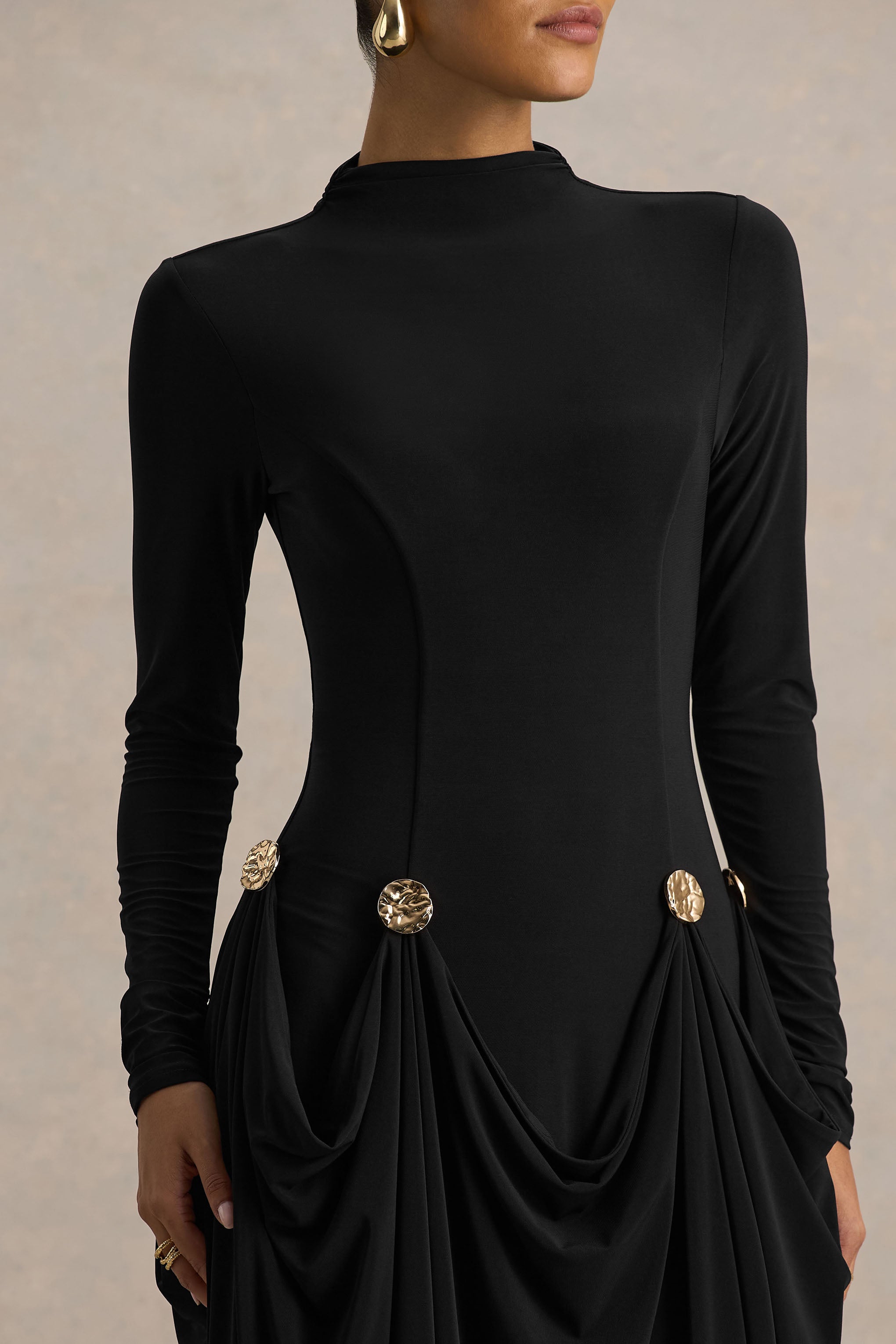 Caprice | Black High-Neck Maxi Dress With Embellished Details
