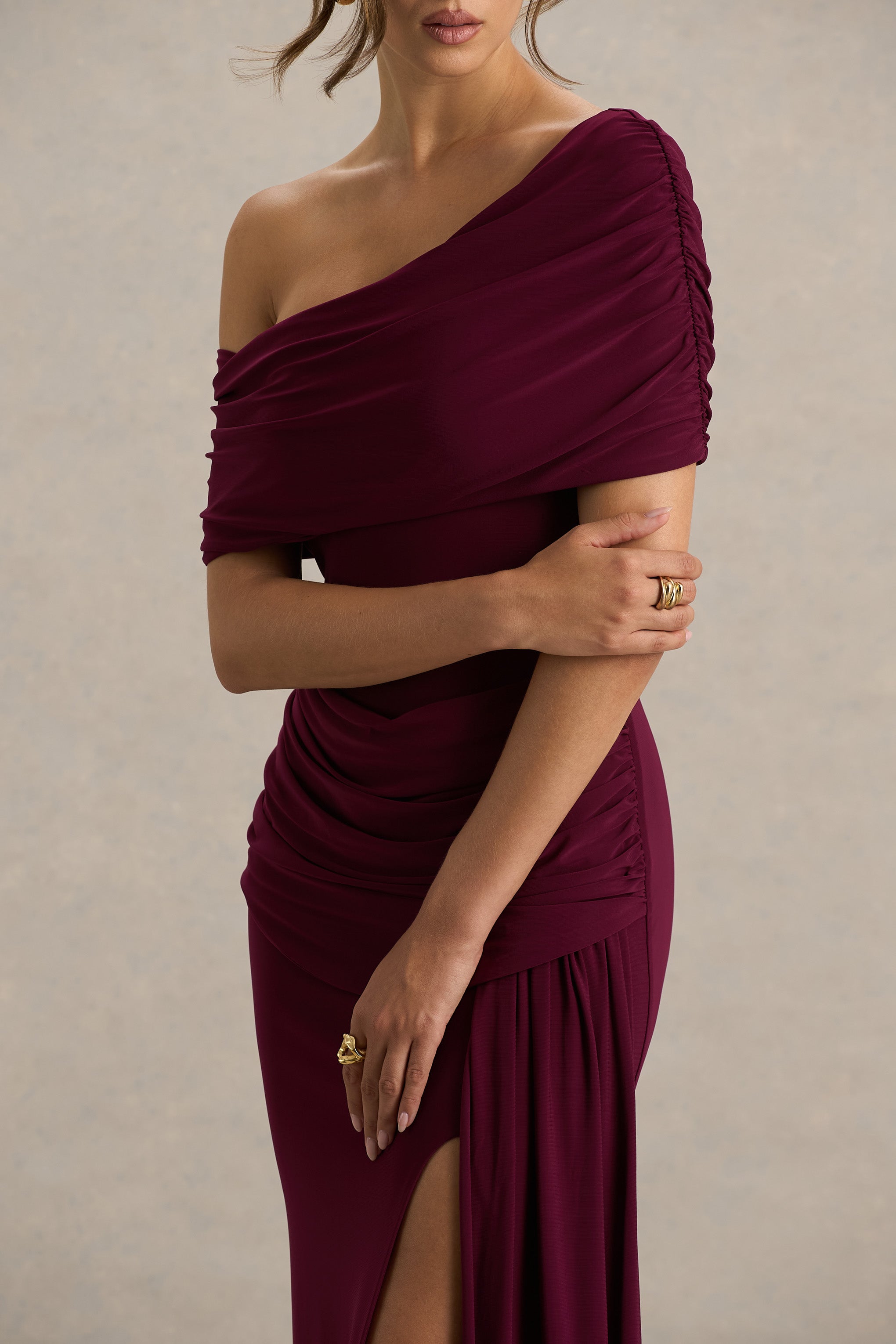 Dynasty | Burgundy Asymmetric-Neck Maxi Dress With Ruched Detailing And Front High-Split