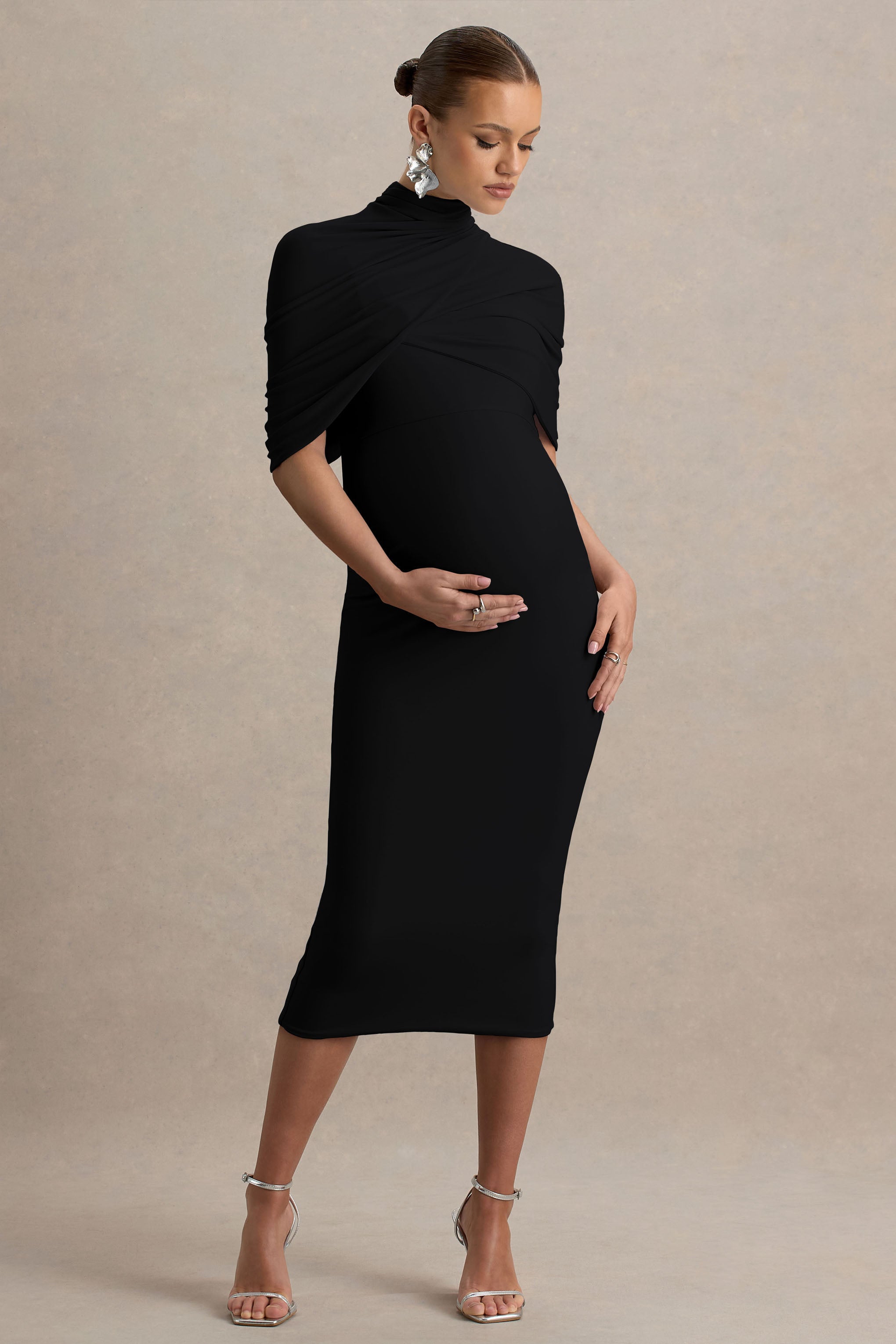 Augustina | Black Maternity Midi Dress With Cape