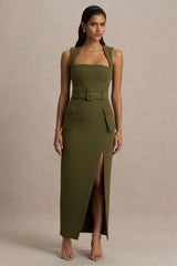 Sandra | Olive Square-Neck Tailored Maxi Dress With Front-High Split
