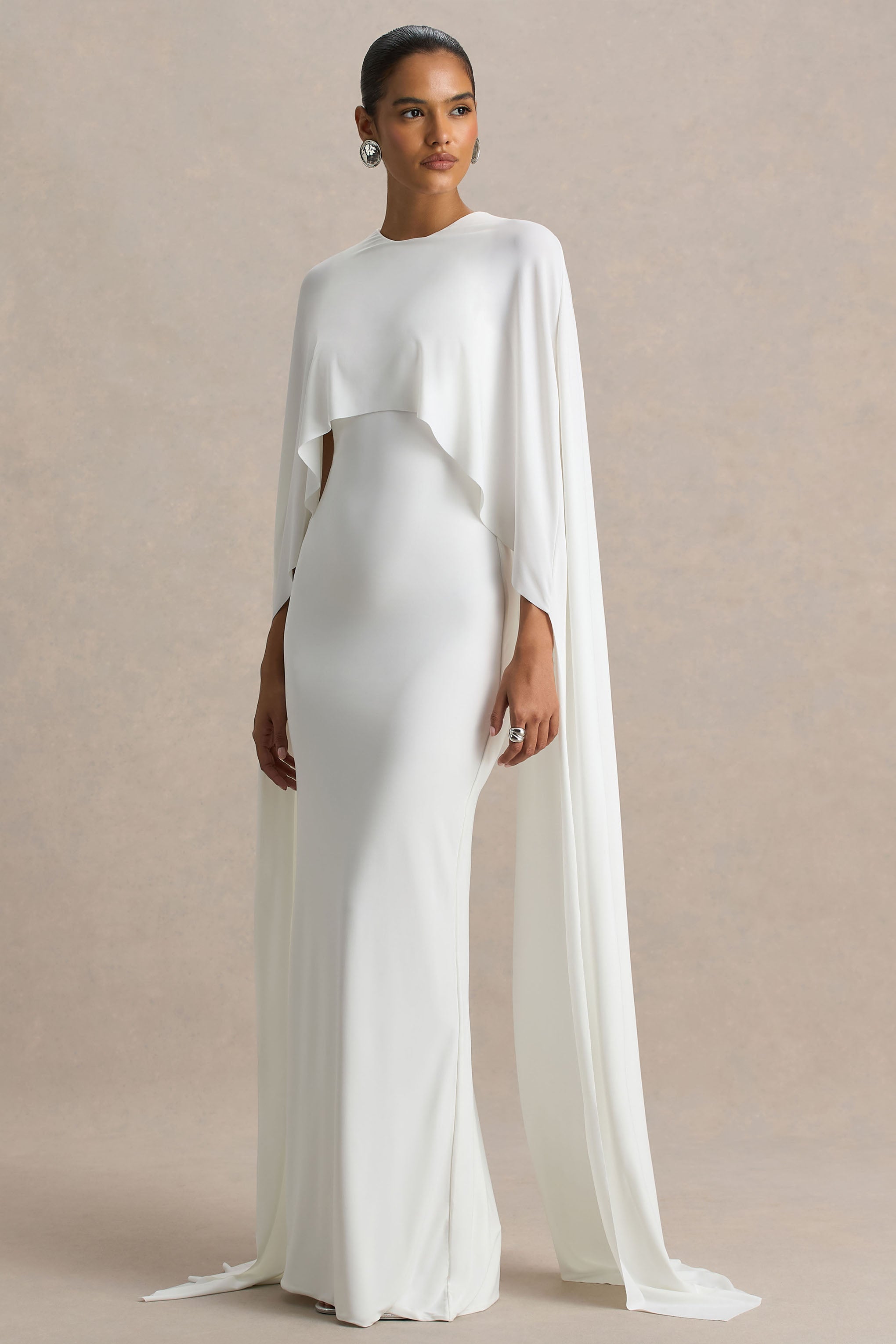 Padma | White Draped Maxi Dress With Cape Sleeves