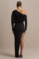 Olivia | Black Asymmetric-Neck Maxi Dress With Ruched Detailing And Asymmetric-Hem
