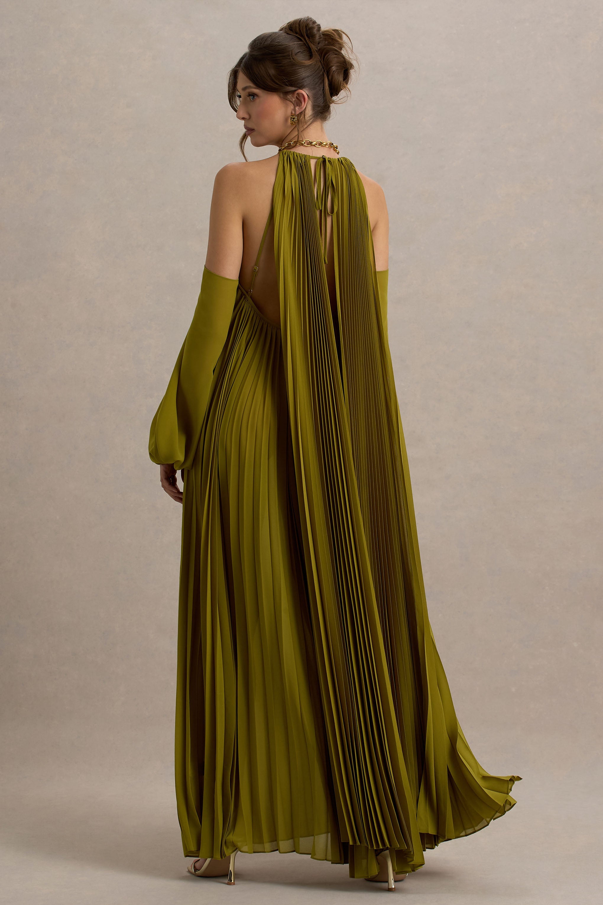 Reyna | Olive Pleated Chiffon Cold-Shoulder Maxi Dress