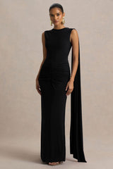 Premiere | Black Boat-Neck Maxi Dress With Open-Back And Cape-Sleeves