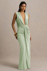 Serafina | Light Green Extreme-Plunge Neck Maxi Dress With Wrap And Ruched Details