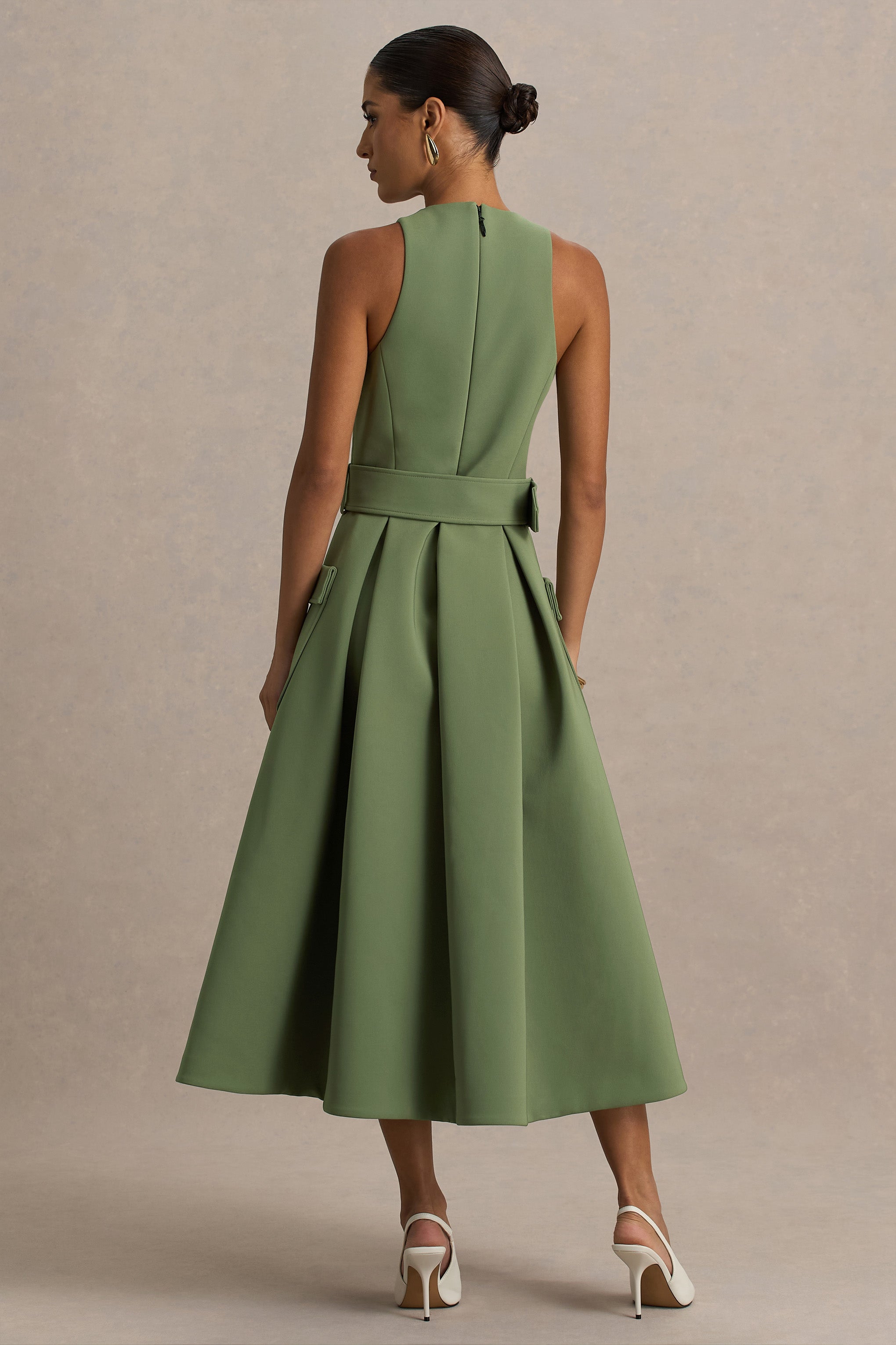 Elisia | Olive Crew-Neck Belted Midi Dress