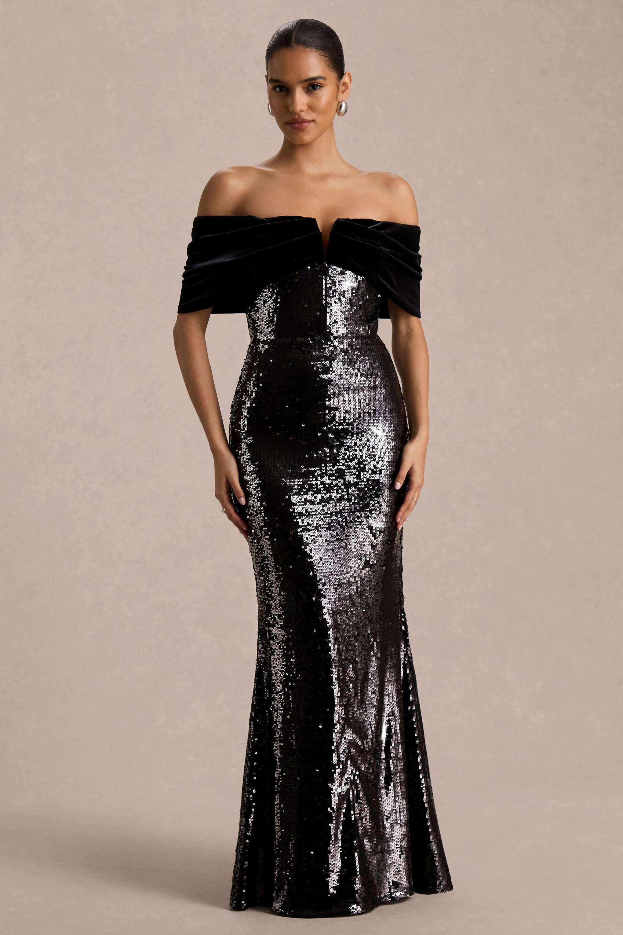 Bex | Black Sequin And Velvet Bardot-Neck Maxi Dress