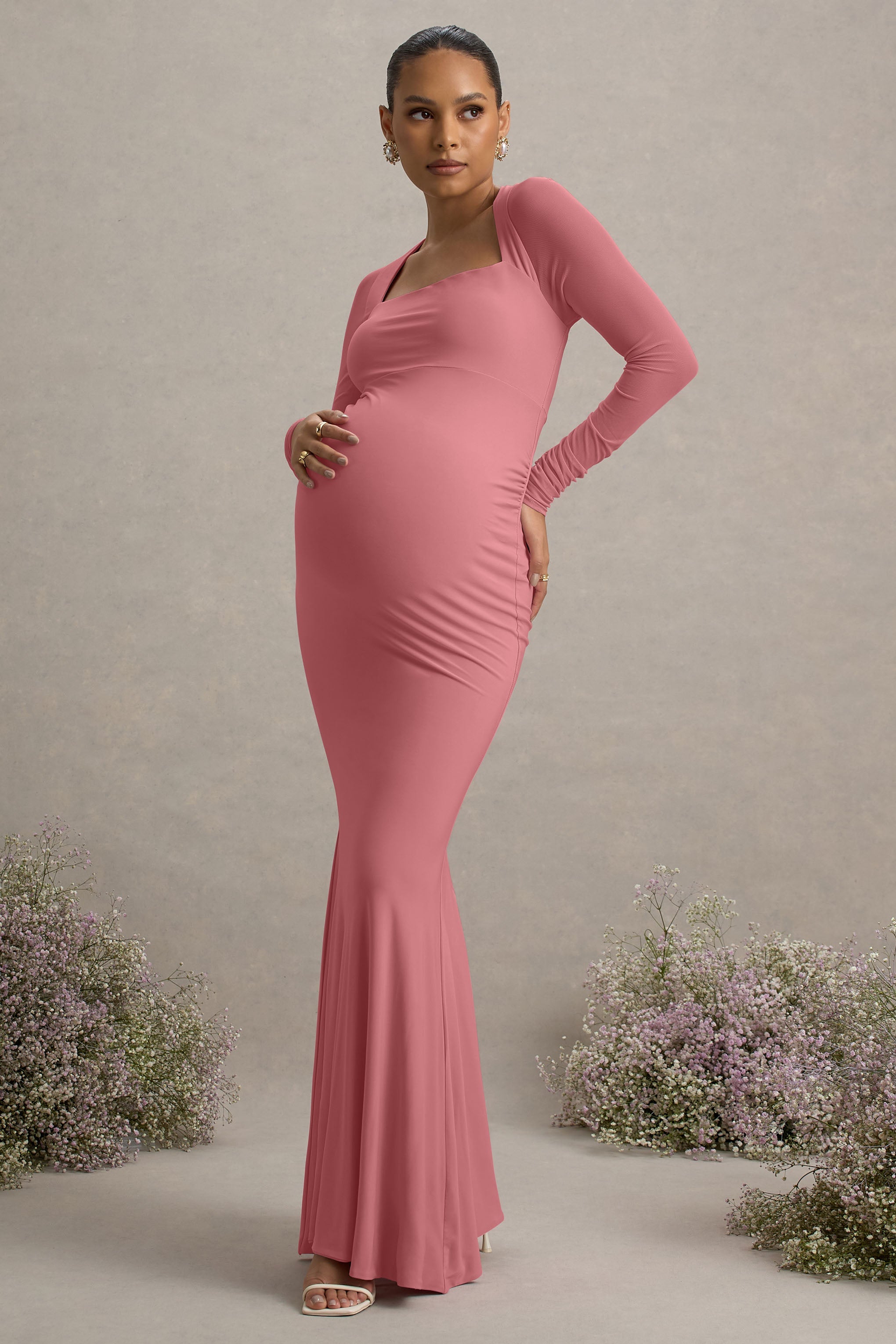 Abeam | Blush Pink Maternity Maxi Dress With Sheer Sleeves