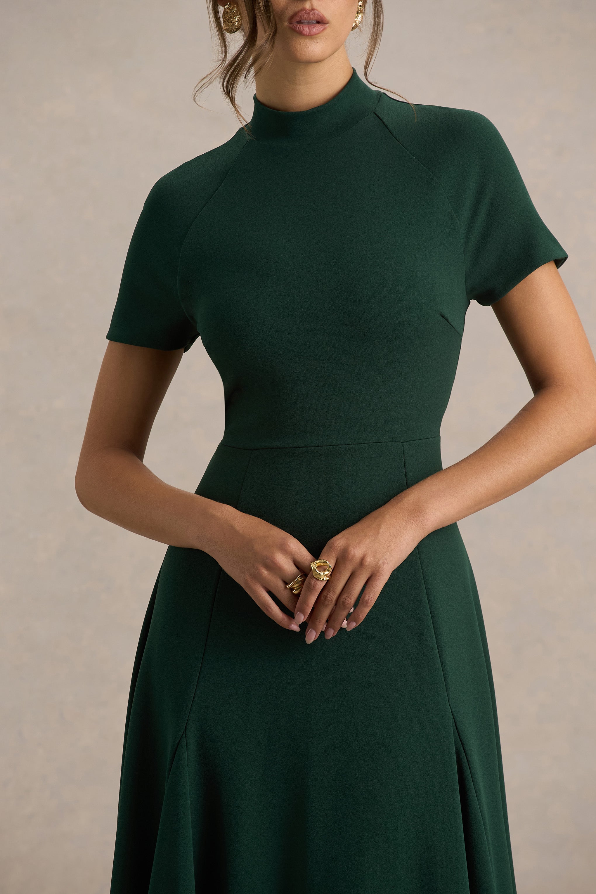 Alea | Dark Green High-Neck Short-Sleeve Maxi Dress