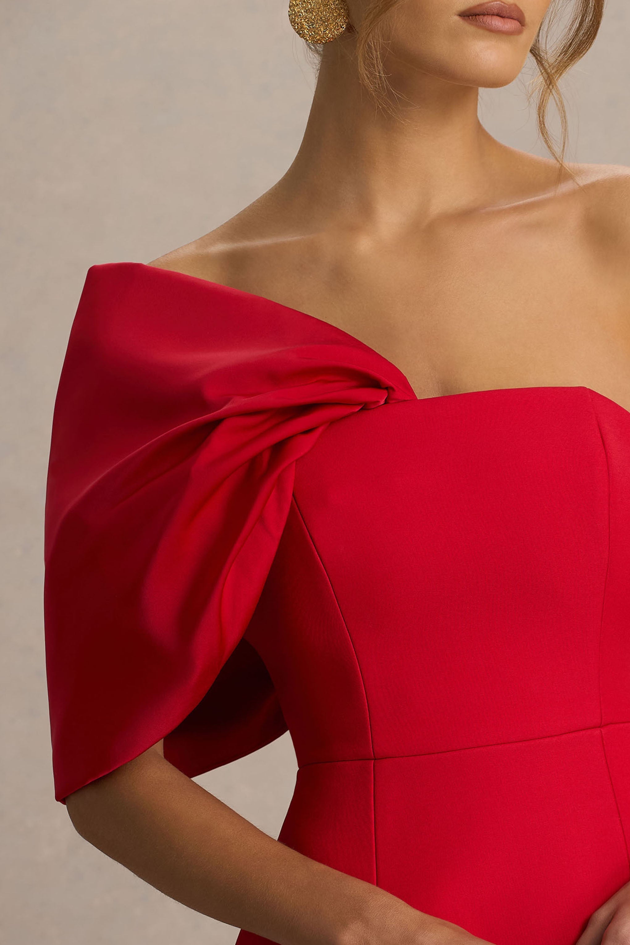 Tindra | Red Bandeau-Neck Mini Dress With Bow Sleeves