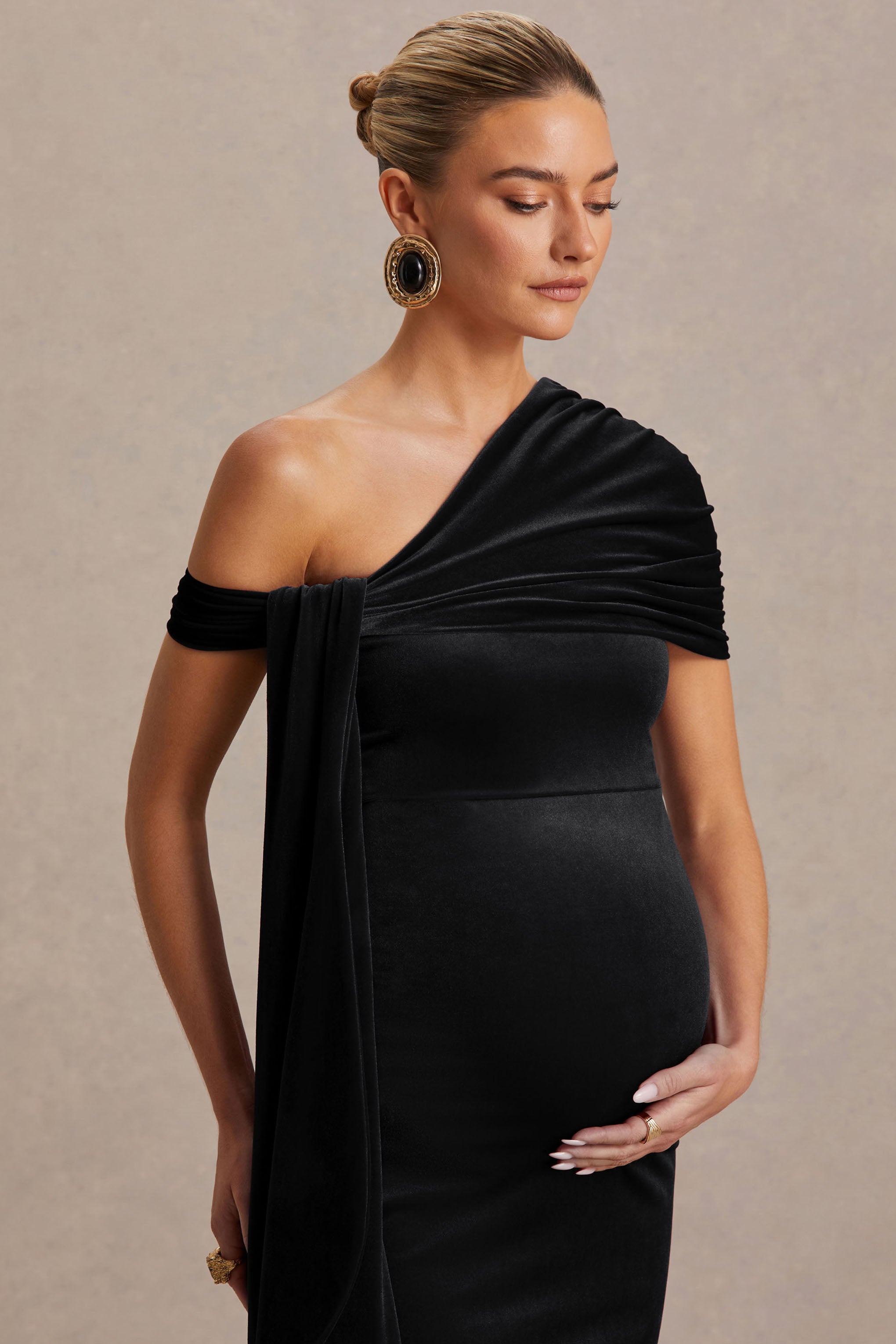 Zena | Black Velvet Asymmetric-Neck Maternity Midi Dress With Knot And Sash Detail