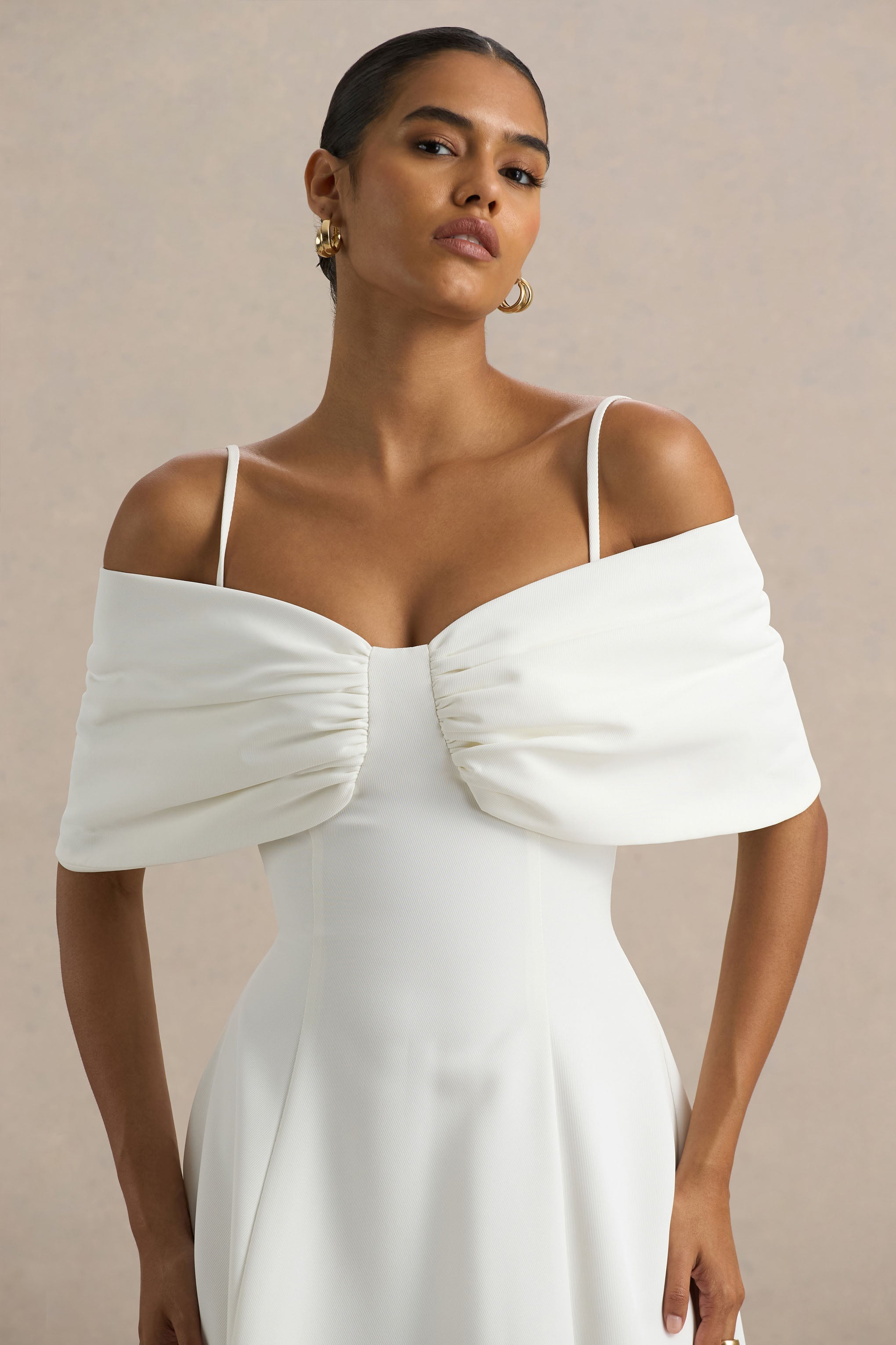 Hettie | White Short-Sleeve Bardot Midi Dress With Bow Detail