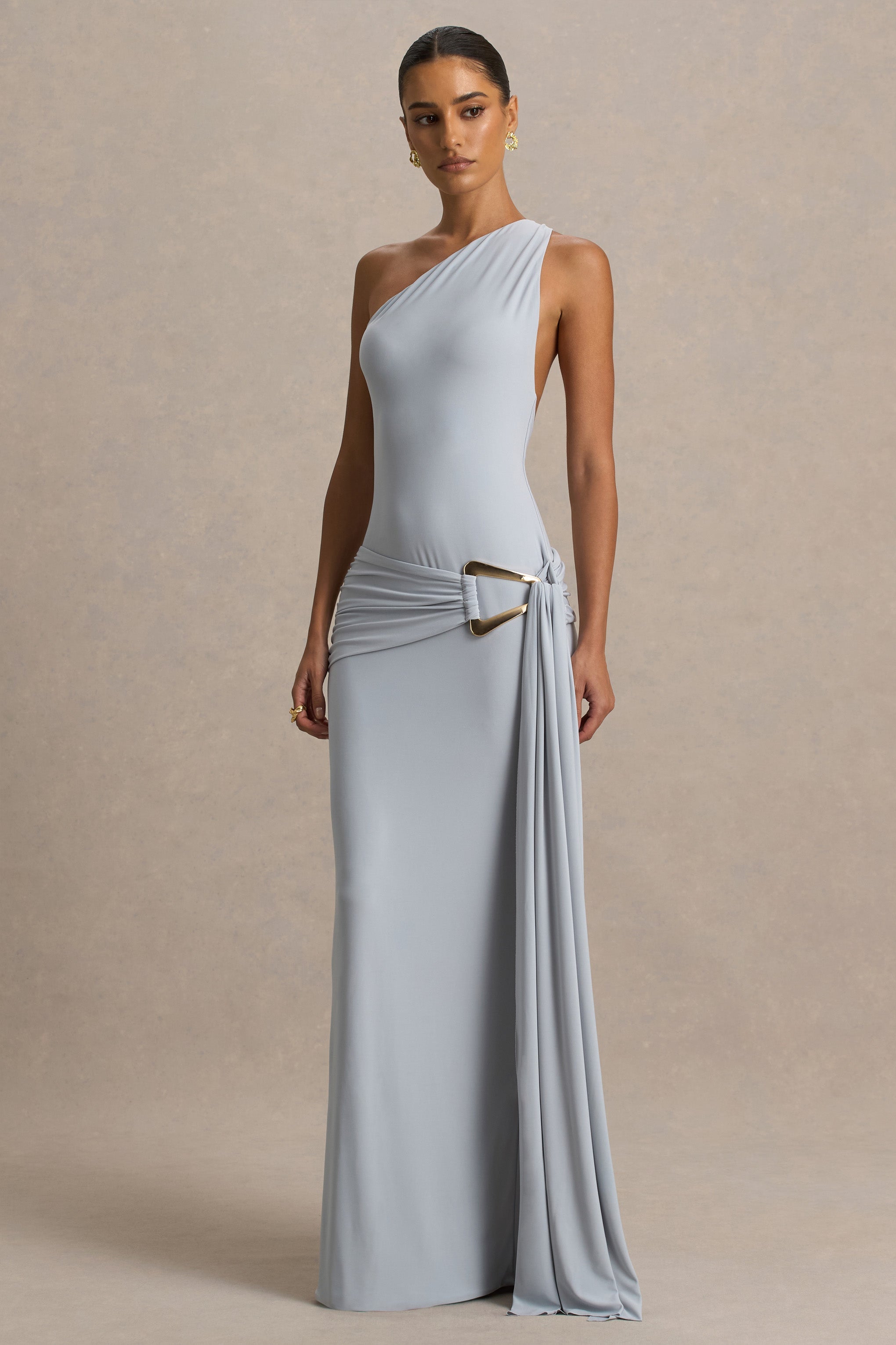Bonnie | Blue Asymmetric-Neck Maxi Dress With Open-Back