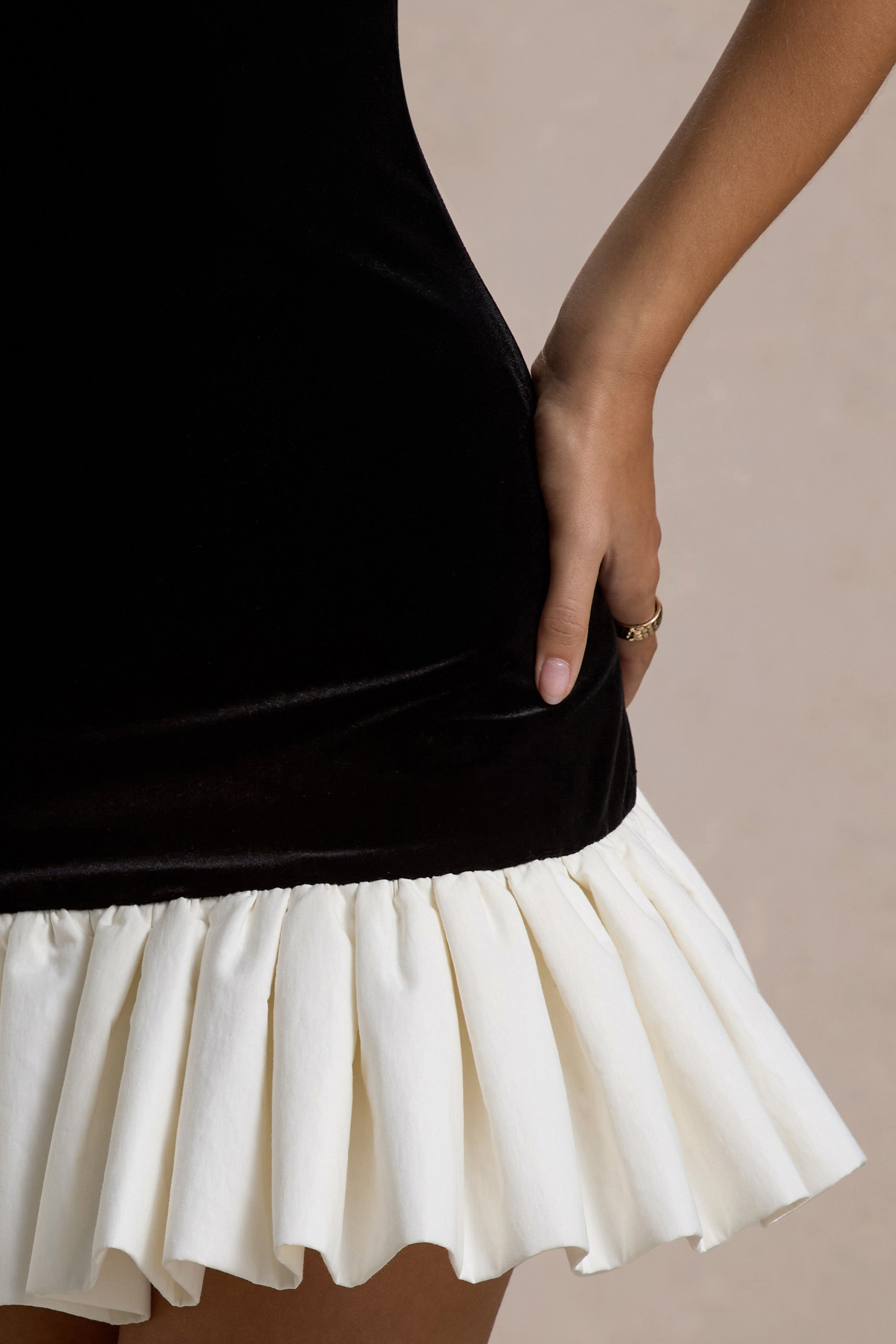 Baxter | Black & White Velvet Mini Dress With Satin Ruffle Trim