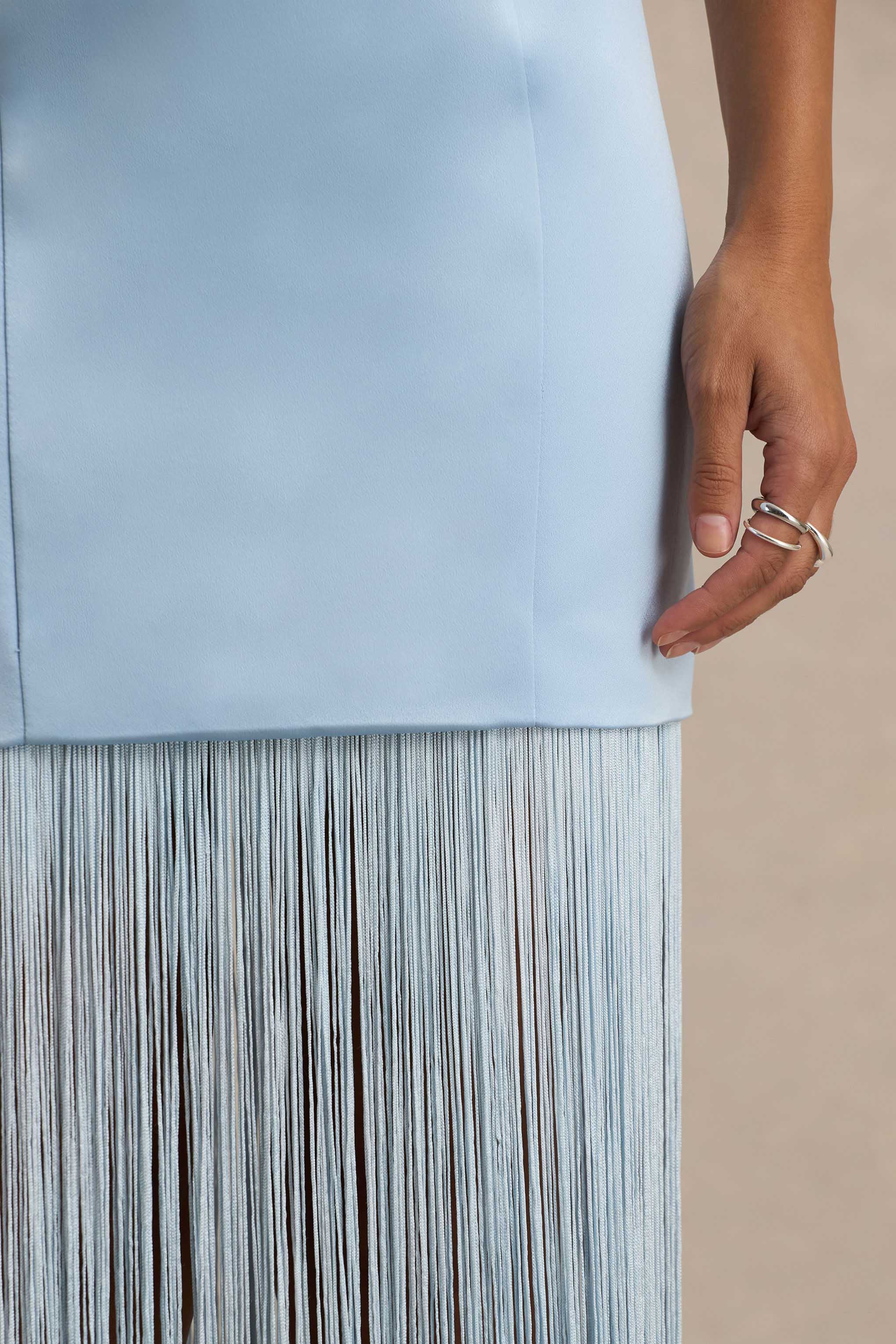 Trinity | Powder Blue Satin Bandeau Maxi Dress With Fringe