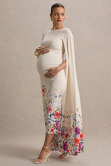 Providence | Light Pink Floral Print Boat-Neck Maternity Midi Dress With Cape Sleeves