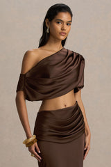 Entrapment | Brown Satin Boat-Neck Crop-Top With Ruched Detailing
