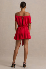 Clydie | Red Satin Asymmetric Playsuit With Tie-Waist