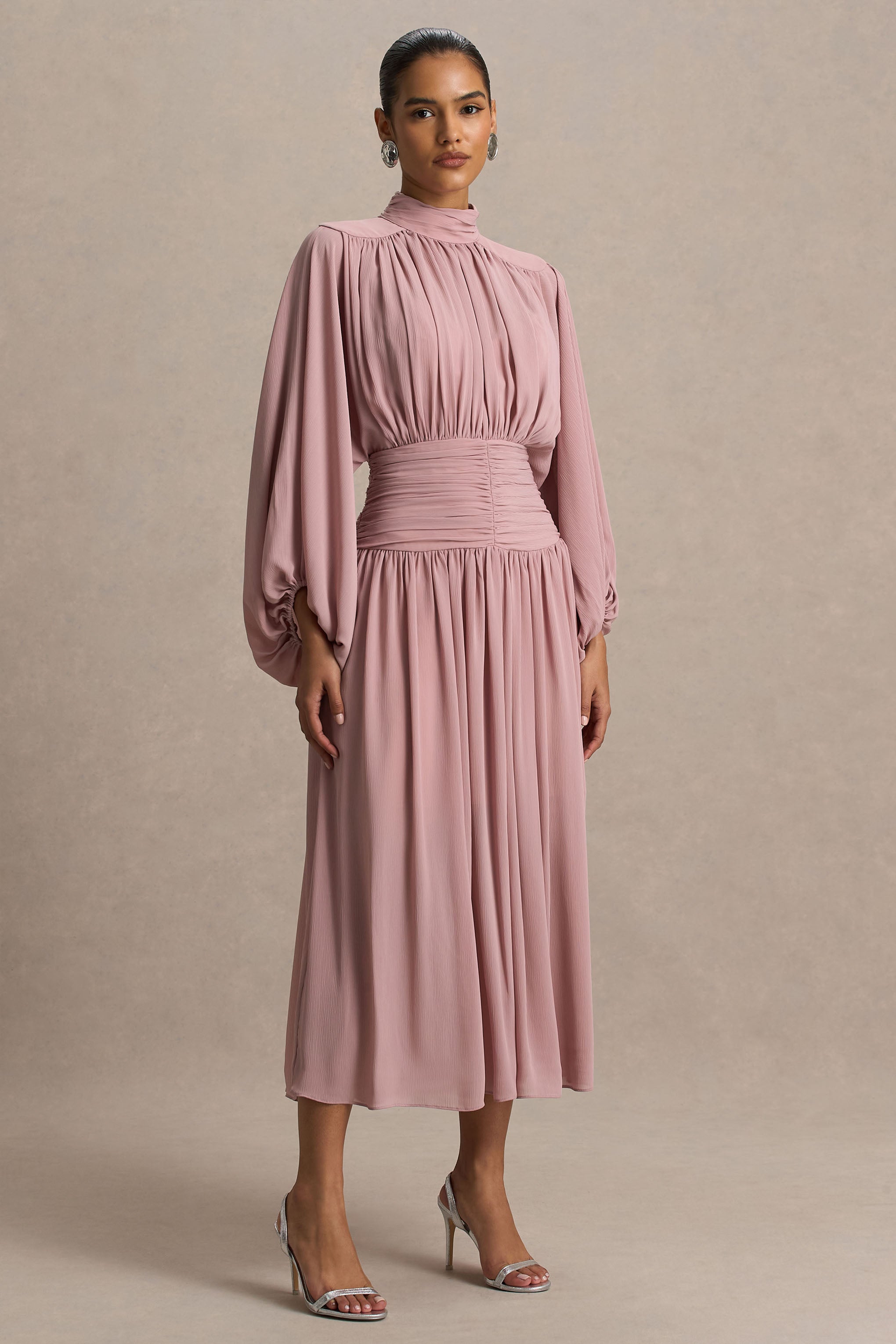 Annabel | Dusty Pink High-Neck Midi Dress With Drop-Waist And Pleated Detailing