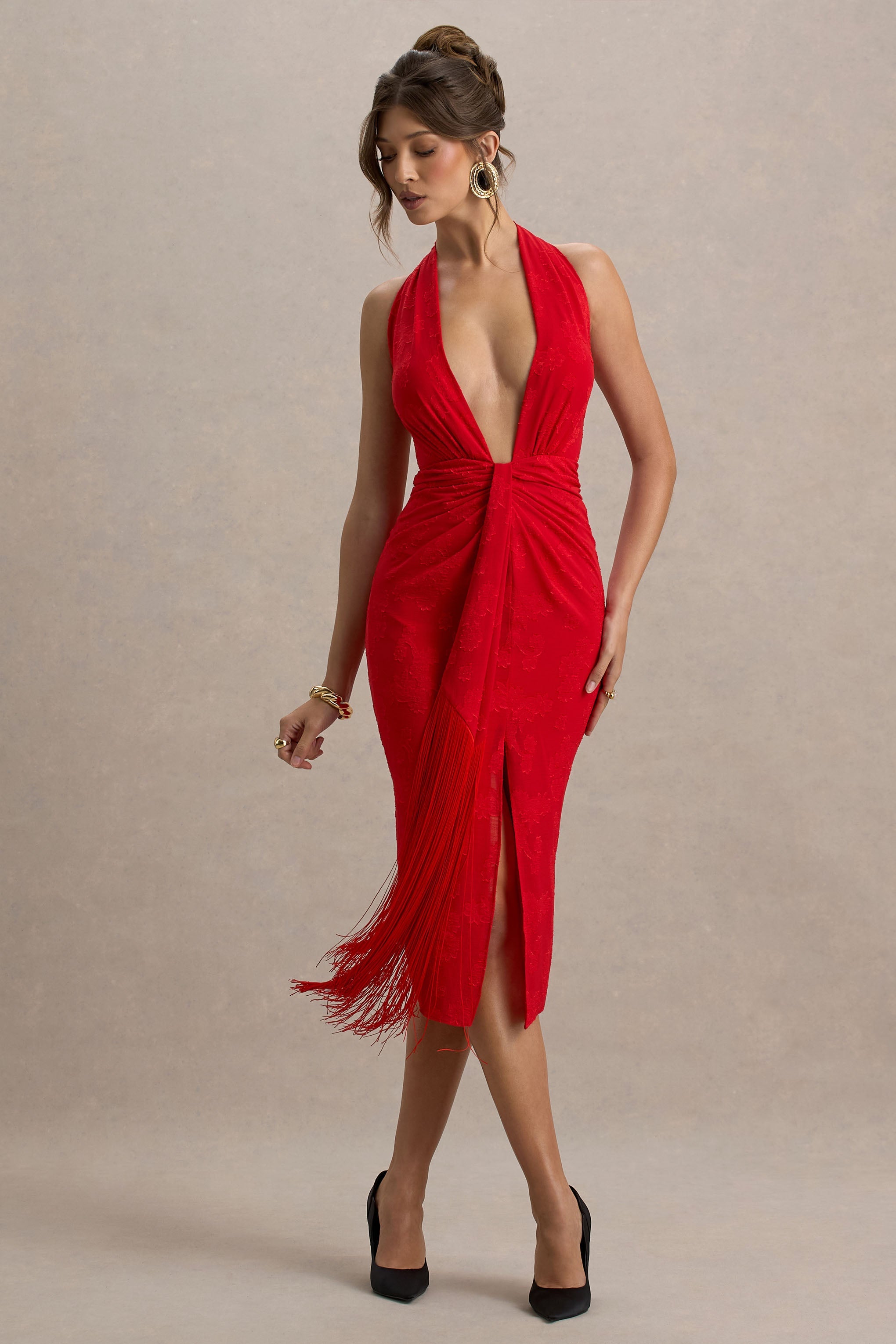 Auria | Red Satin Devore Plunge-Neck Midi Dress With Fringe Details