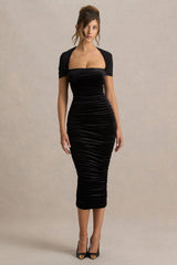 Chrissy | Black Velvet Square-Neck Midi Dress With Mesh-Sleeves And Ruched Detailing