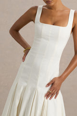 Magnolia | White Scoop-Neck Midi Dress With Drop-Waist And Ruffling Detail