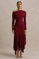 Isola | Burgundy Asymmetric-Neck Midi Dress With Hanky-Hem