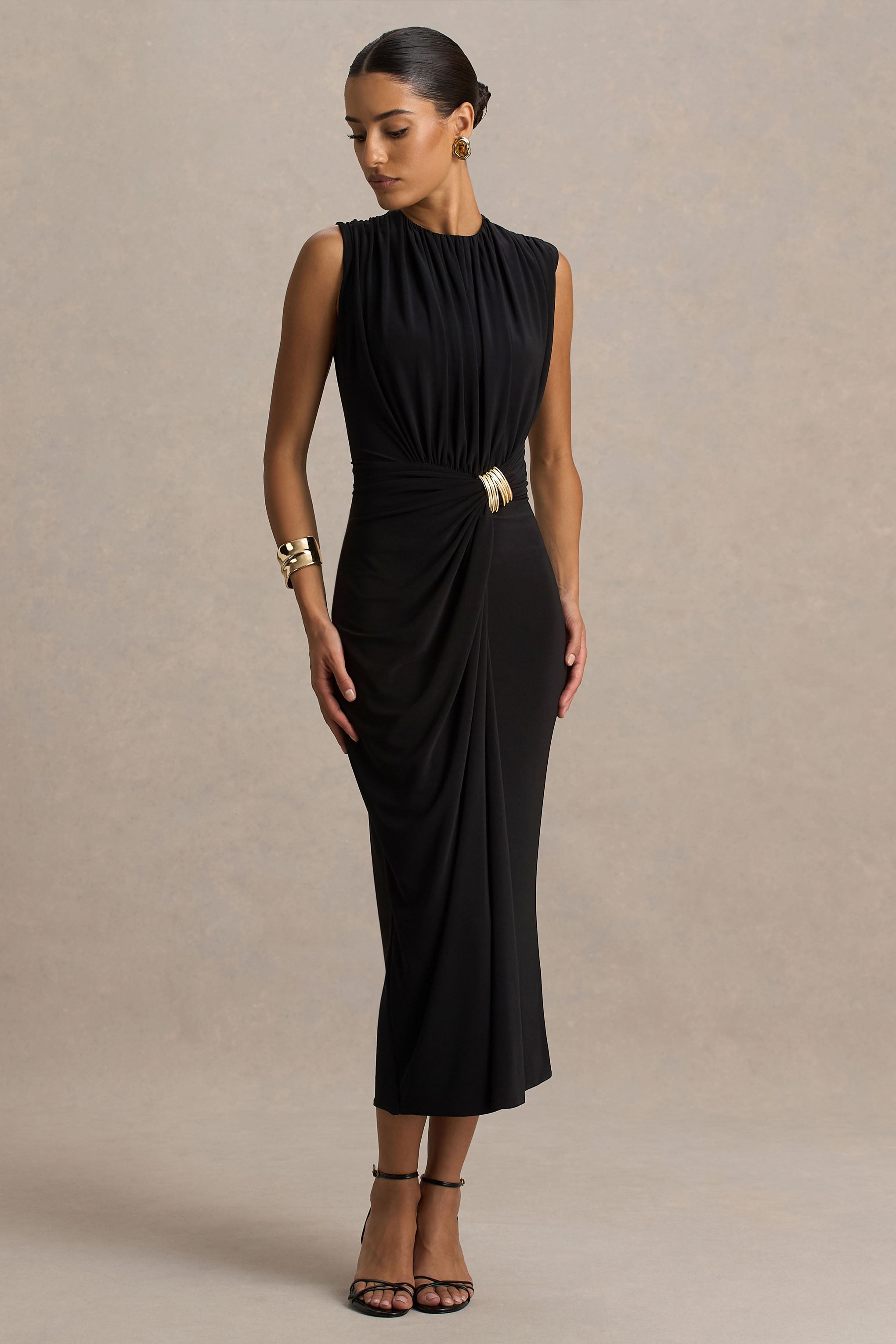 Harlow | Black Crew-Neck Wrapped Midi Dress
