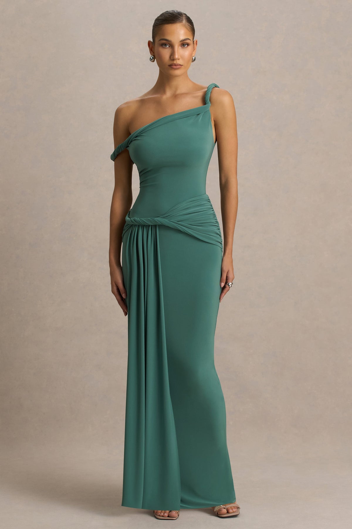 Tulisa | Green Asymmetric-Neck Maxi Dress With Twist Sleeves And Ruched Detailing