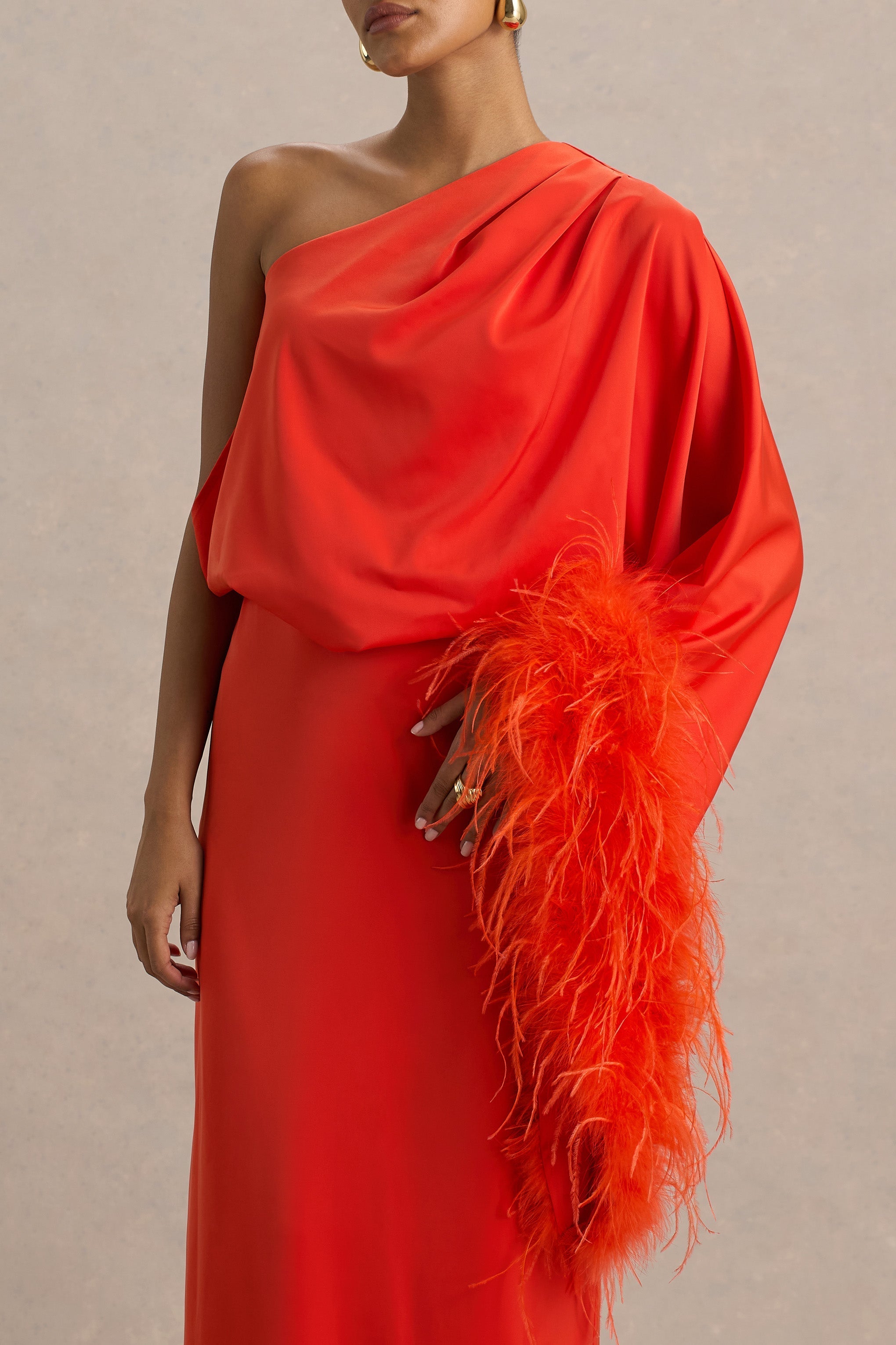 Felicity | Orange Satin Asymmetric-Neck Maxi Dress With Feather Detailing