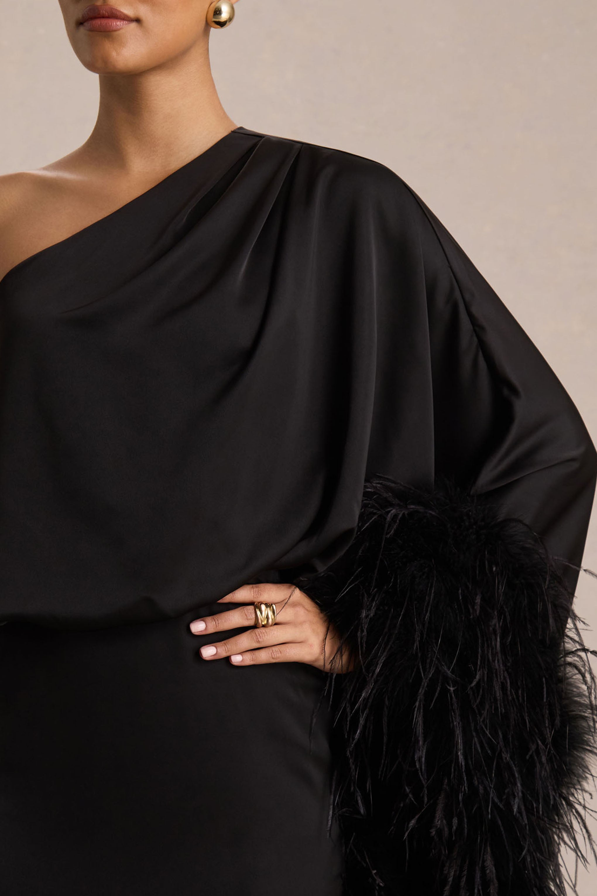 Felicity | Black Satin Asymmetric-Neck Maxi Dress With Feather Detailing