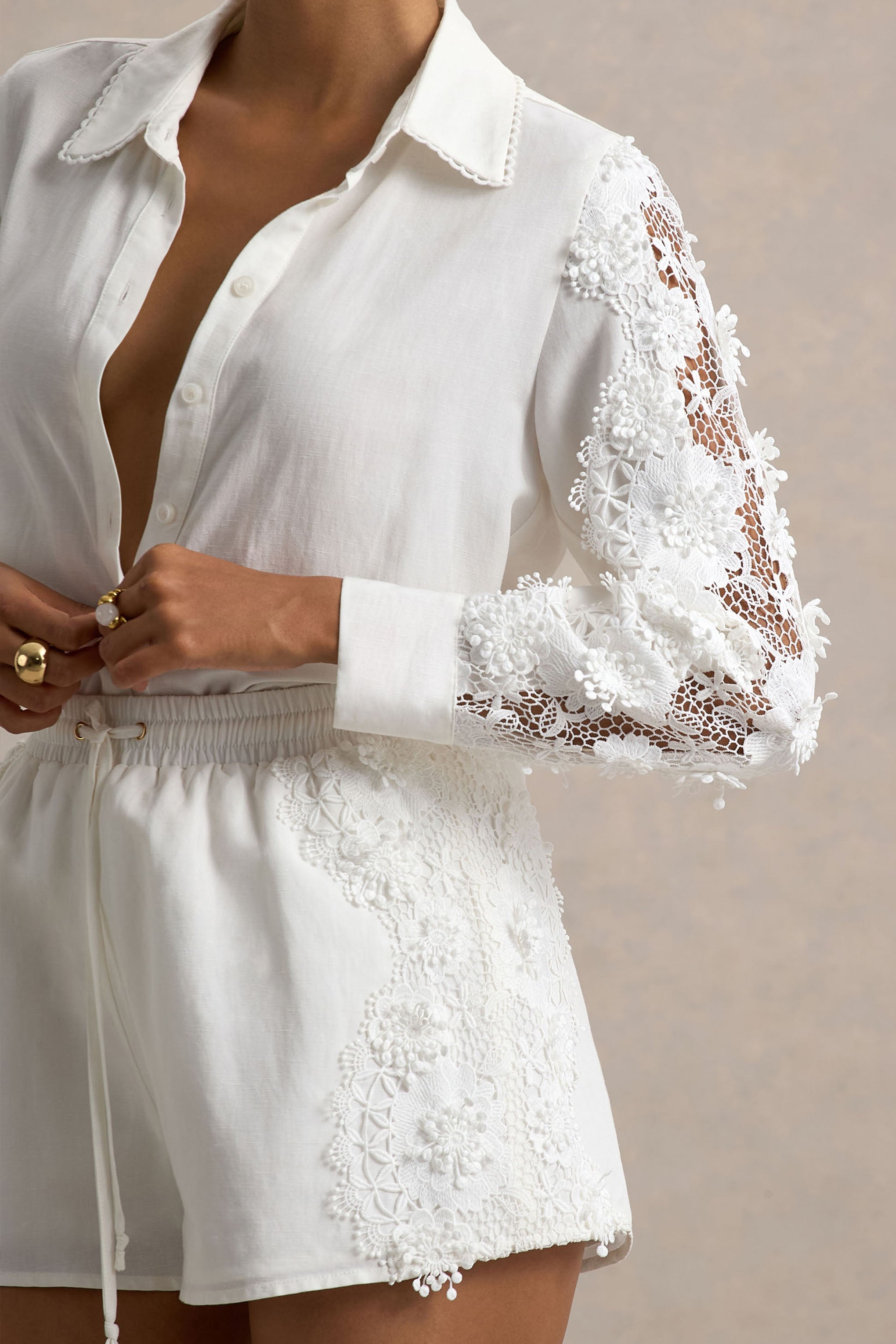 Coconut | Ecru Linen Button-Up Shirt With Lace Detail