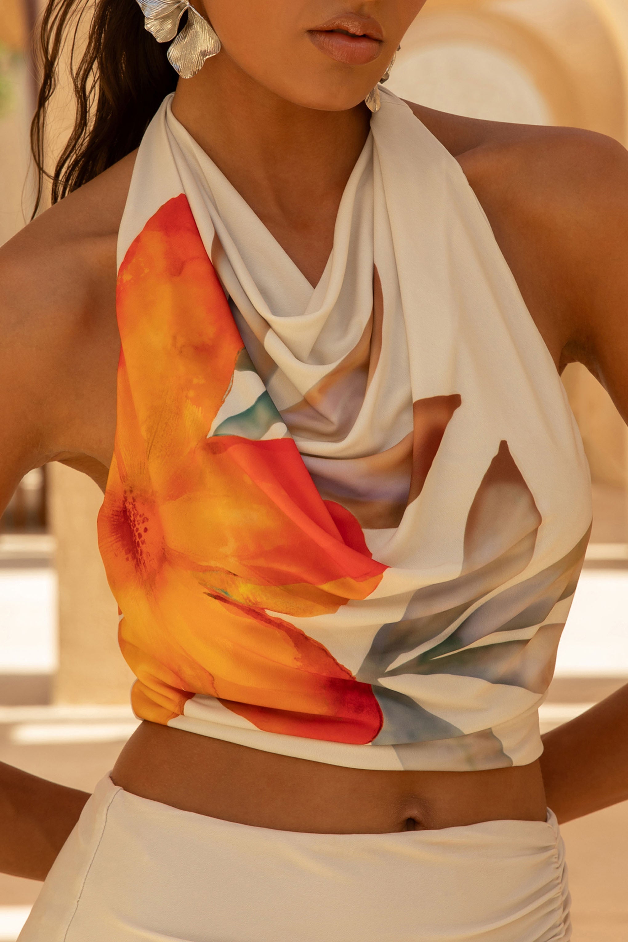 Calla | Orange Floral Print High-Neck Crop-Top