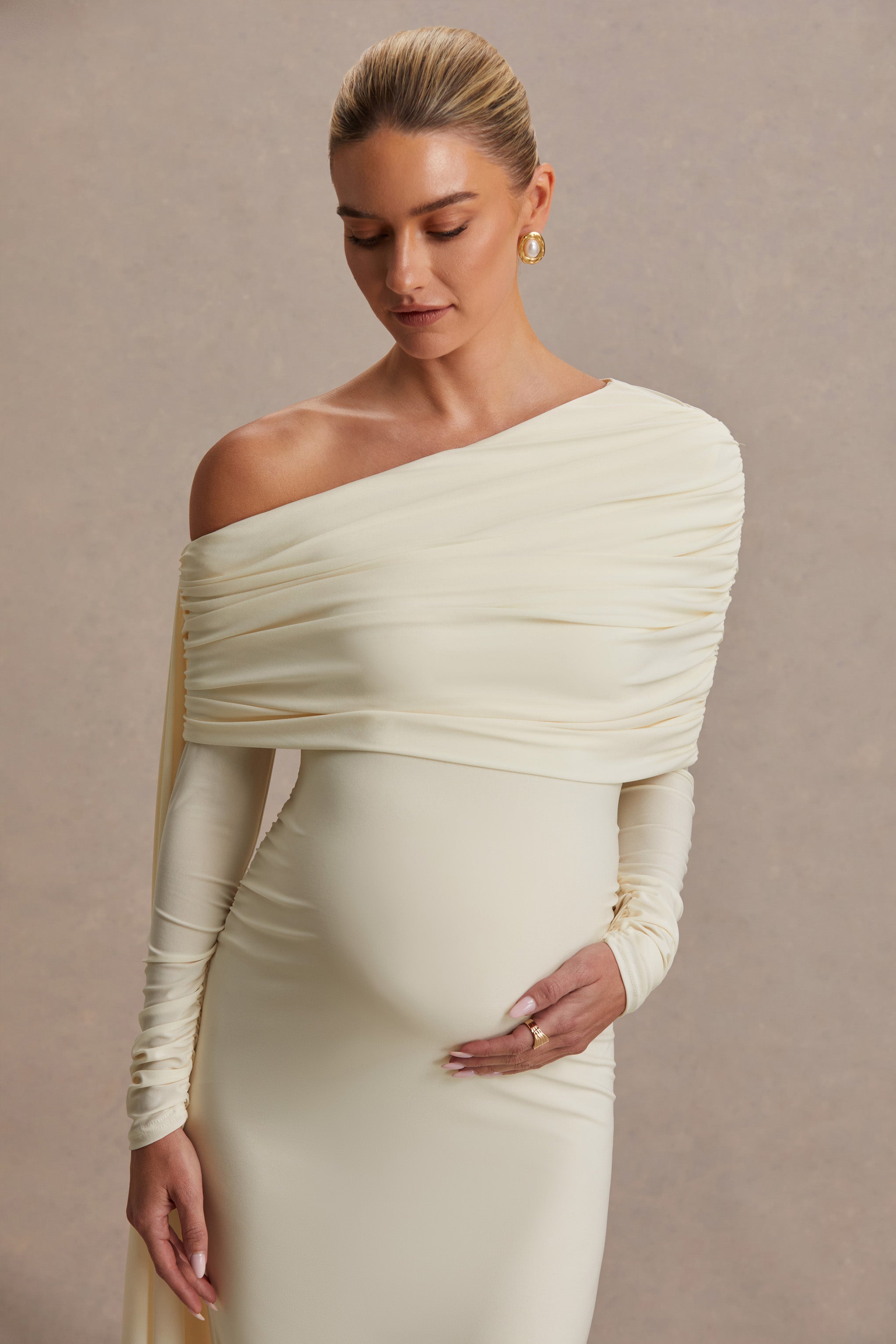 Cyra | Cream Asymmetric-Neck Maternity Maxi Dress With Sash