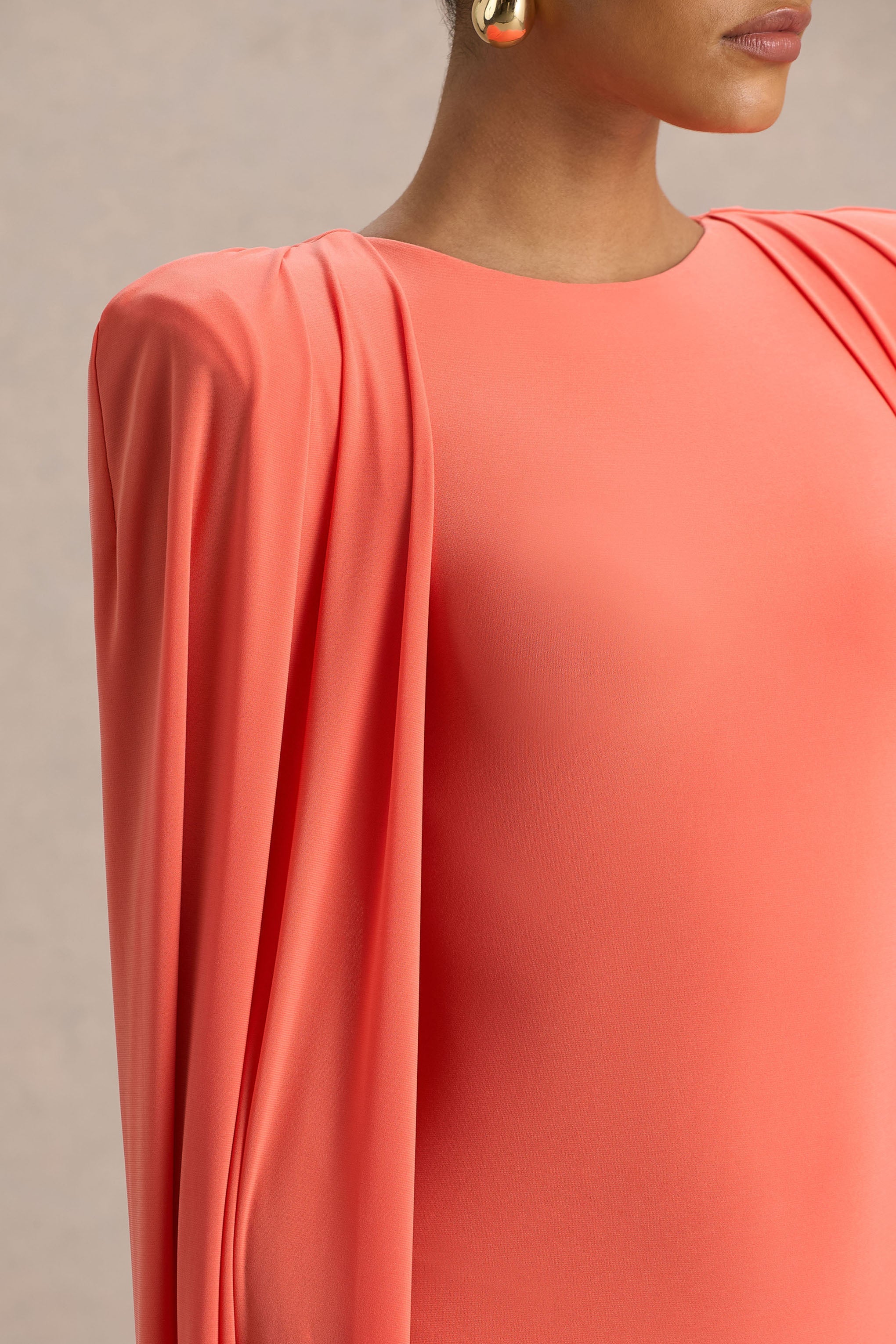 Mimi | Coral High-Neck Maxi Dress With Cape Sleeve Detail