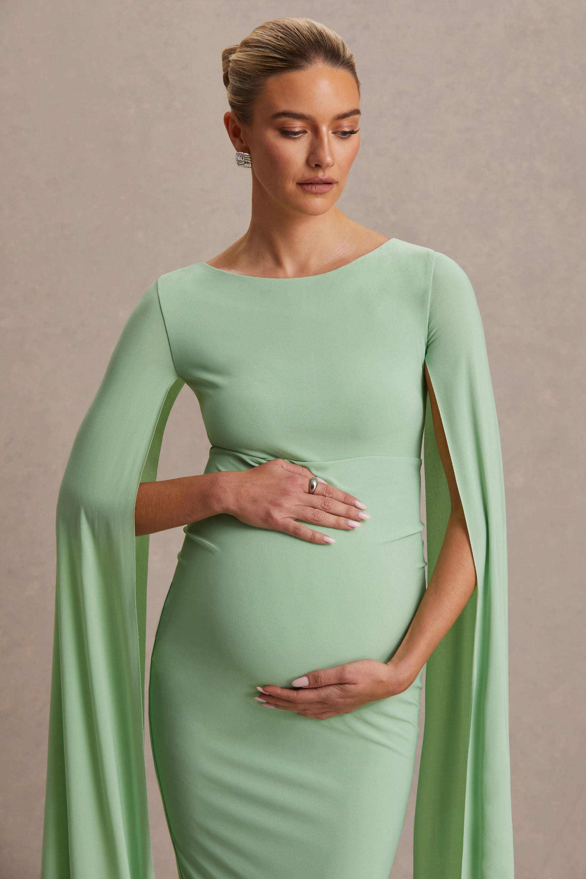 Providence | Light Green High-Neck Maternity Midi Dress With Cape Sleeves