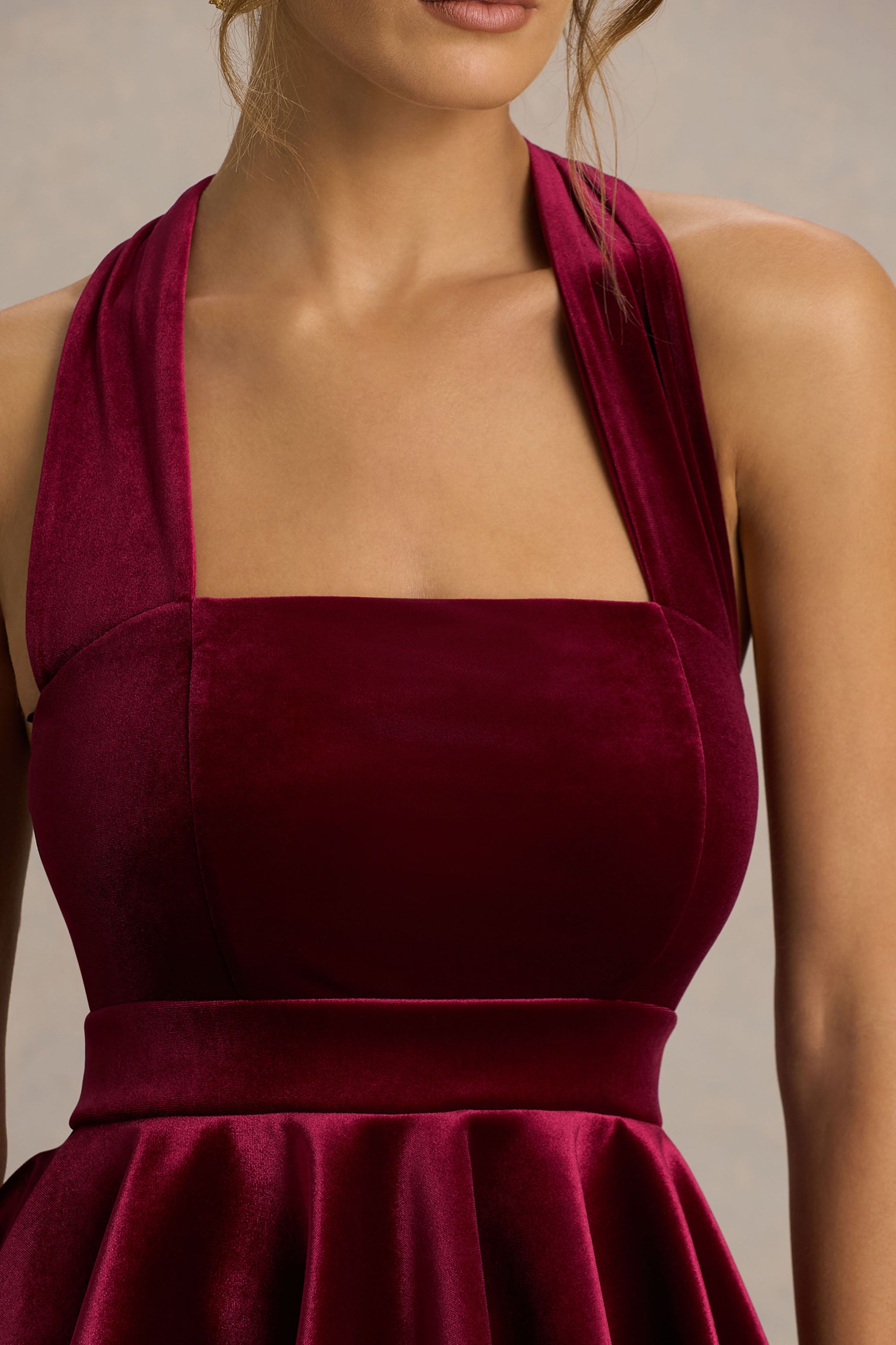 Mirage | Burgundy Velvet Halter-Neck Mini Dress With Skater-Skirt