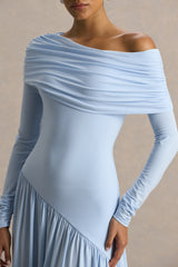 Farah | Powder Blue Asymmetric-Neck Maxi Dress With Drop Waist And Ruched Detailing