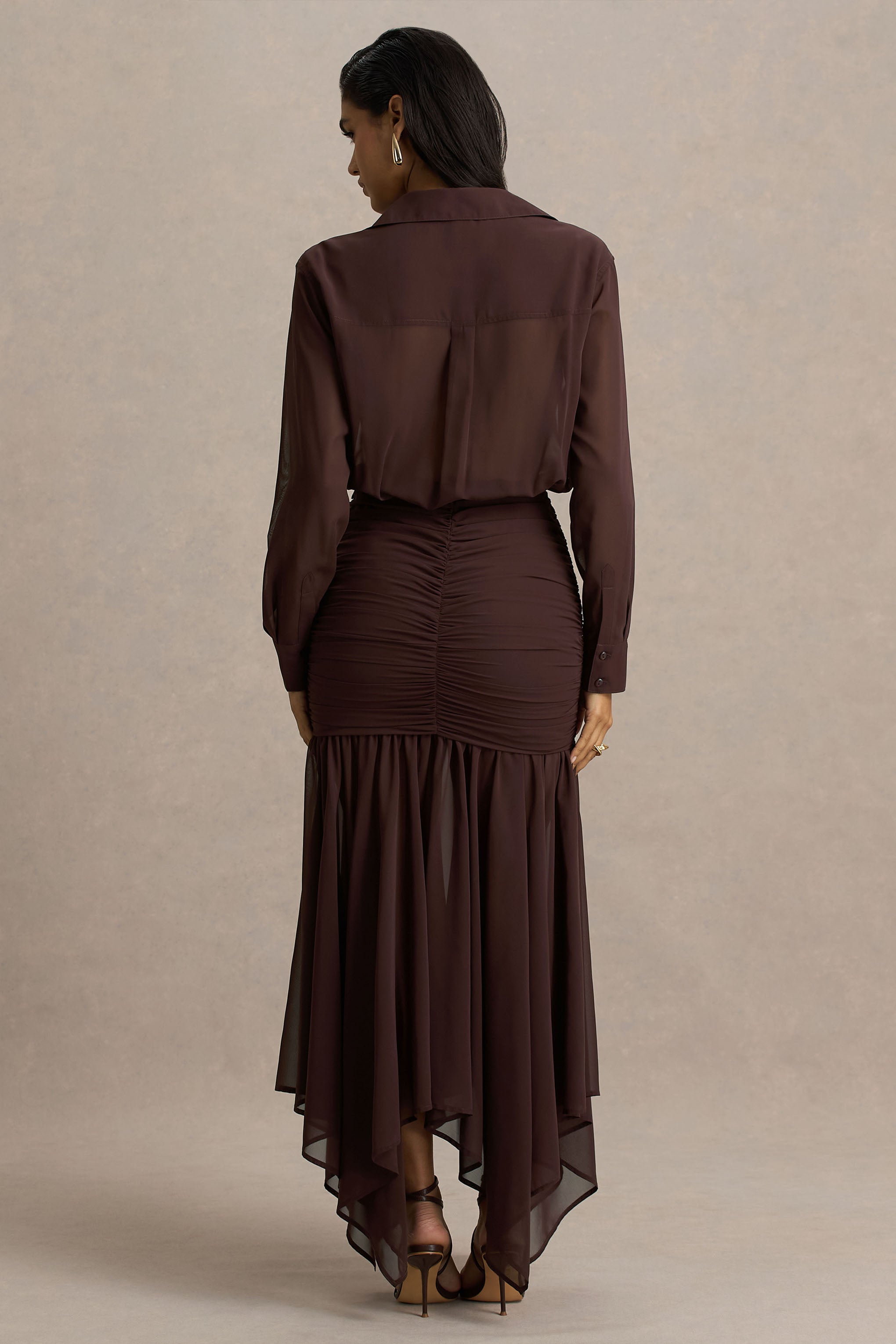 Kris | Brown Plunge-Neck Maxi Dress With Ruched Detailing