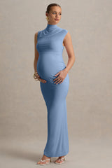 Kienna | Powder Blue Ruched High-Neck Maternity Maxi Dress
