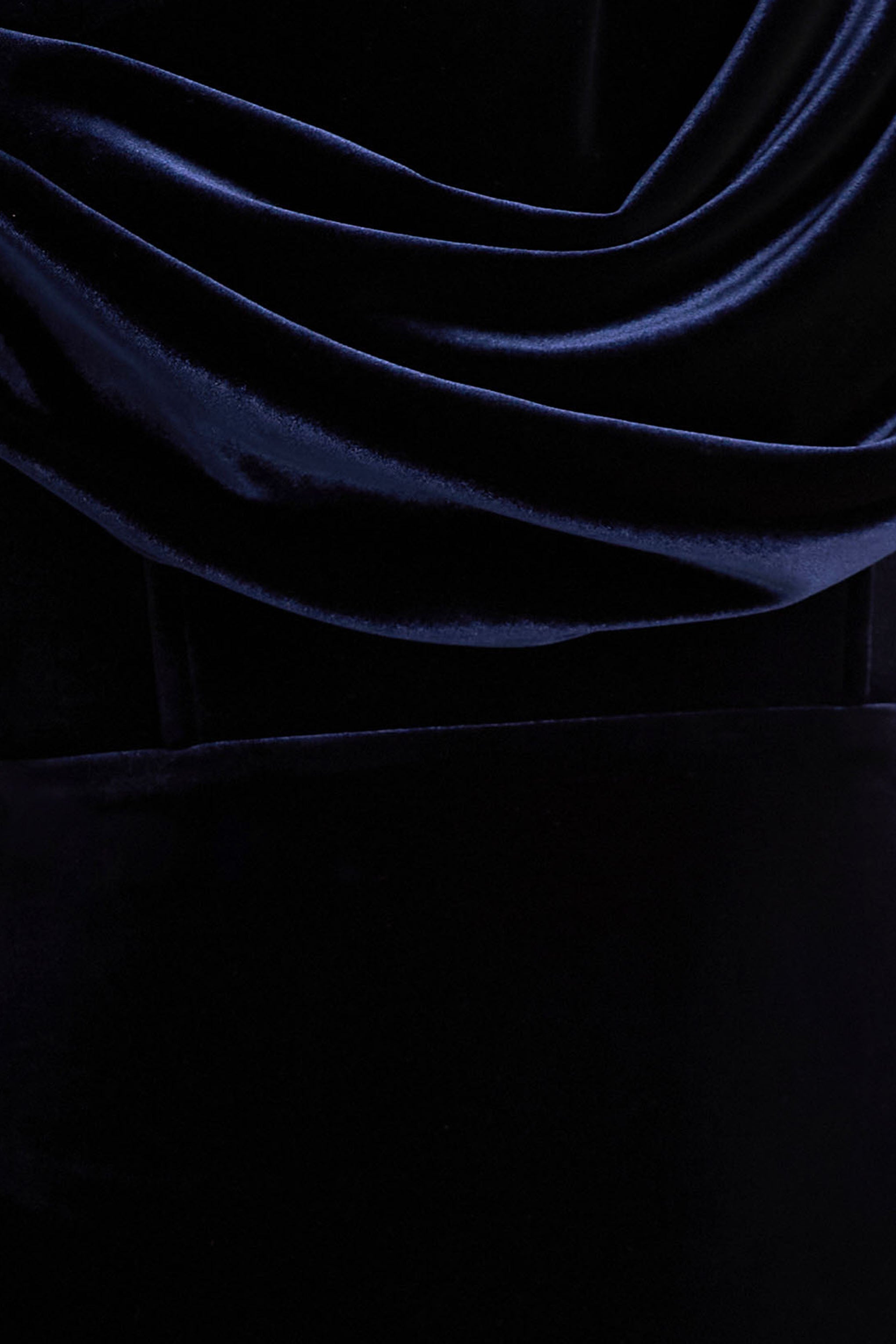 High End | Navy Velvet Asymmetric-Neck Midi Dress With Draped Detailing