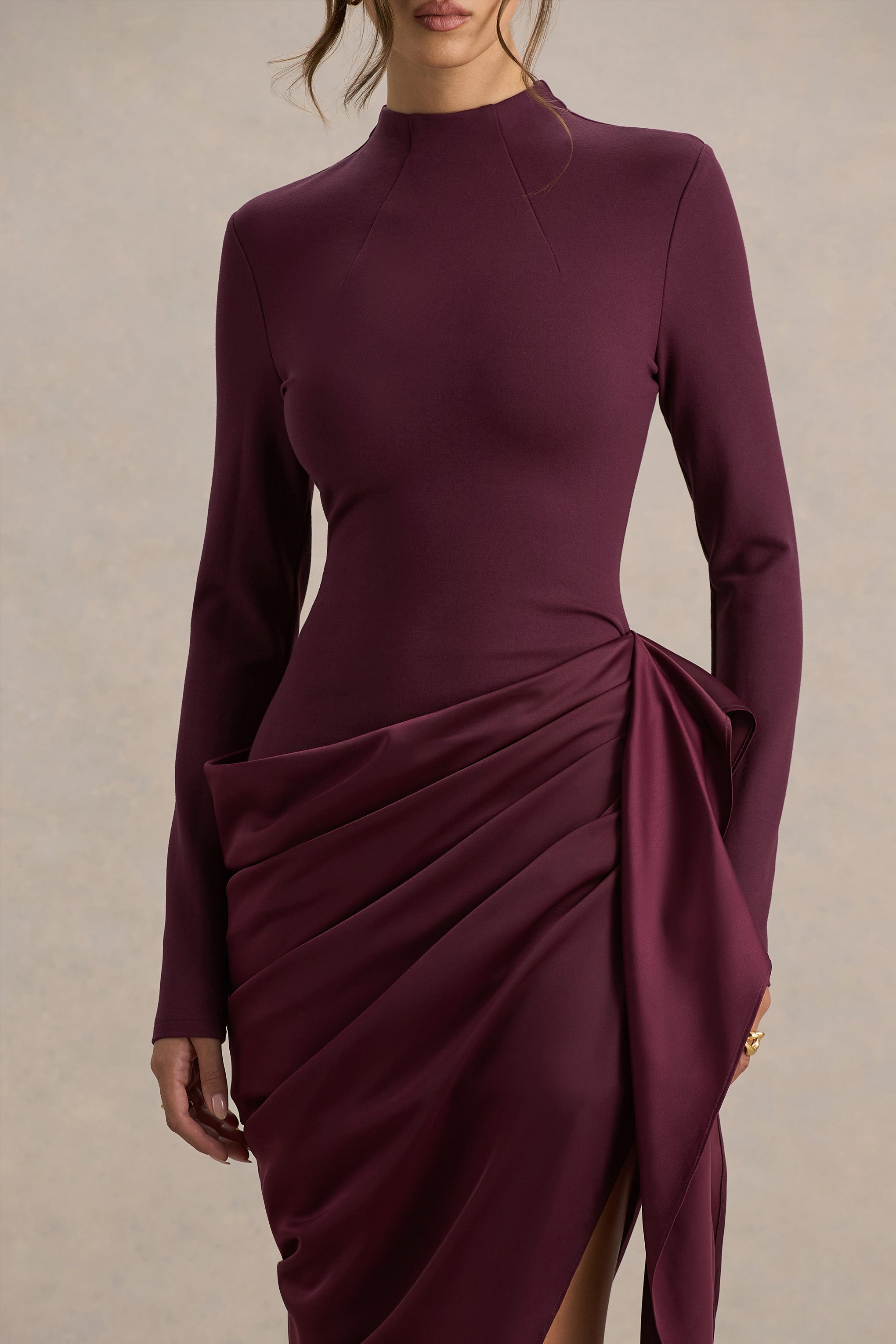 Raffie | Plum Long-Sleeve Midi Dress With Satin Wrap Skirt