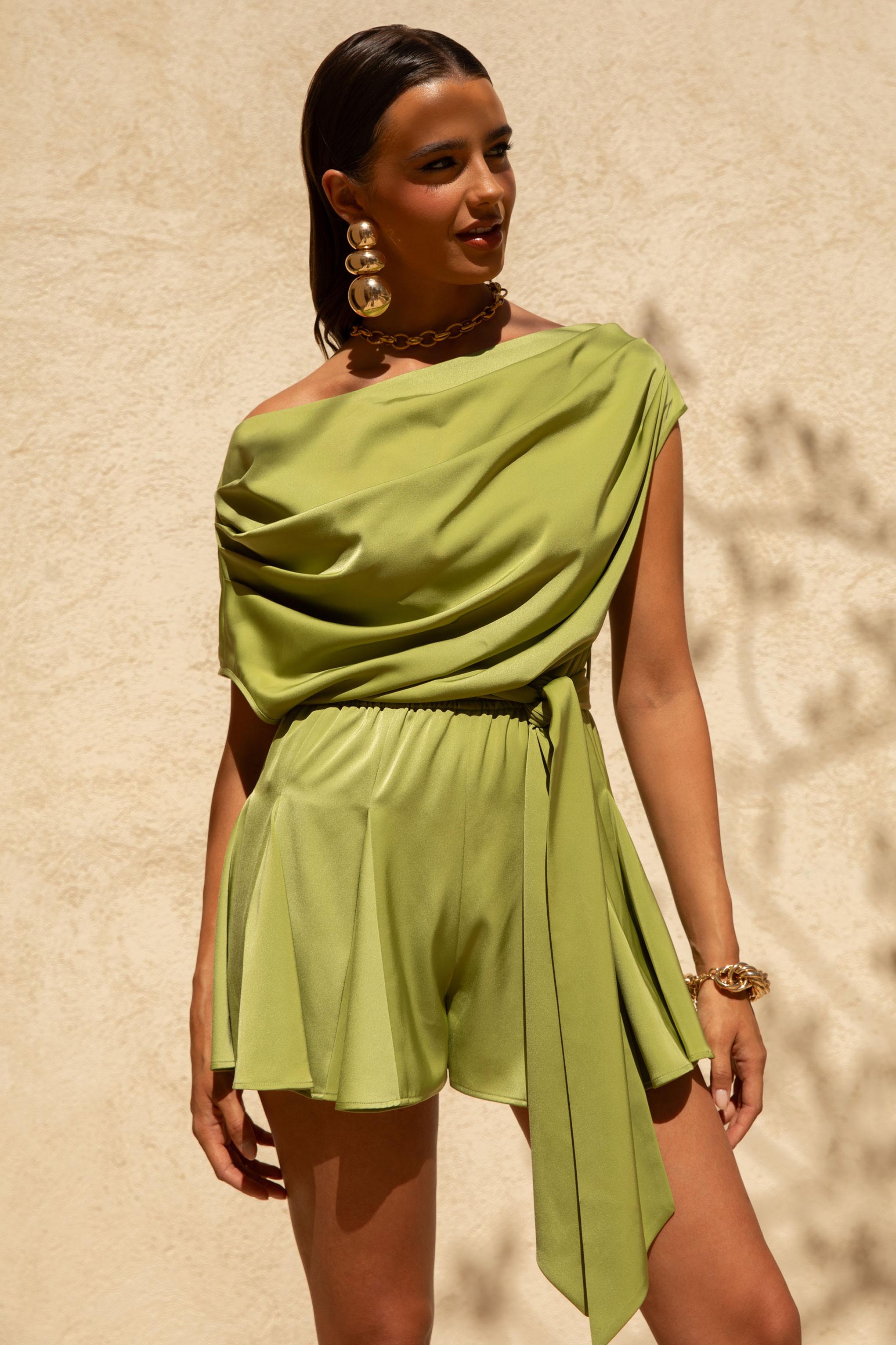 Clydie | Olive Satin Asymmetric Playsuit With Tie-Waist